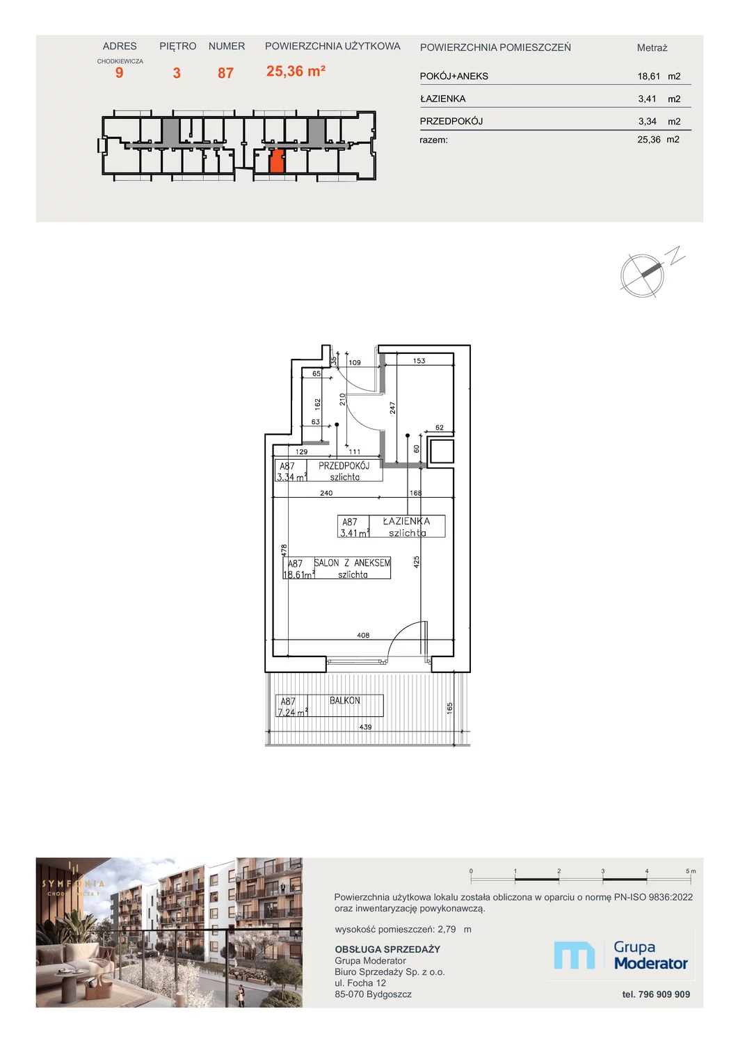 1 pokój, mieszkanie 25,36 m², piętro 3, oferta nr A87, Osiedle Symfonia, Bydgoszcz, Bielawy, ul. Jana Karola Chodkiewicza 9