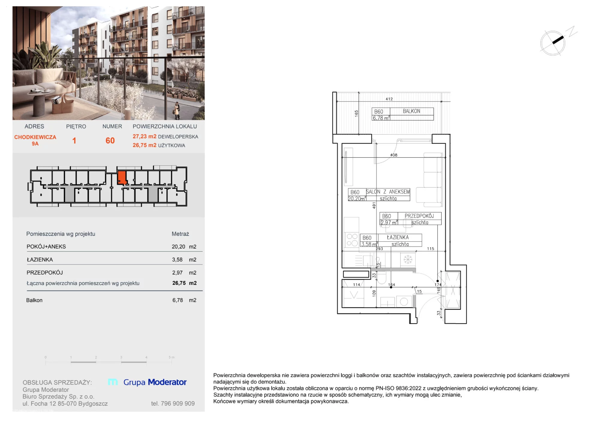 Apartament 26,75 m², piętro 1, oferta nr B60, Osiedle Symfonia, Bydgoszcz, Bielawy, ul. Jana Karola Chodkiewicza 9