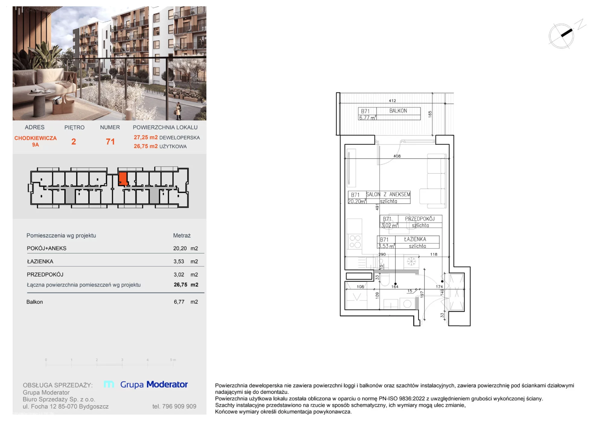 Apartament 26,75 m², piętro 2, oferta nr B71, Osiedle Symfonia, Bydgoszcz, Bielawy, ul. Jana Karola Chodkiewicza 9