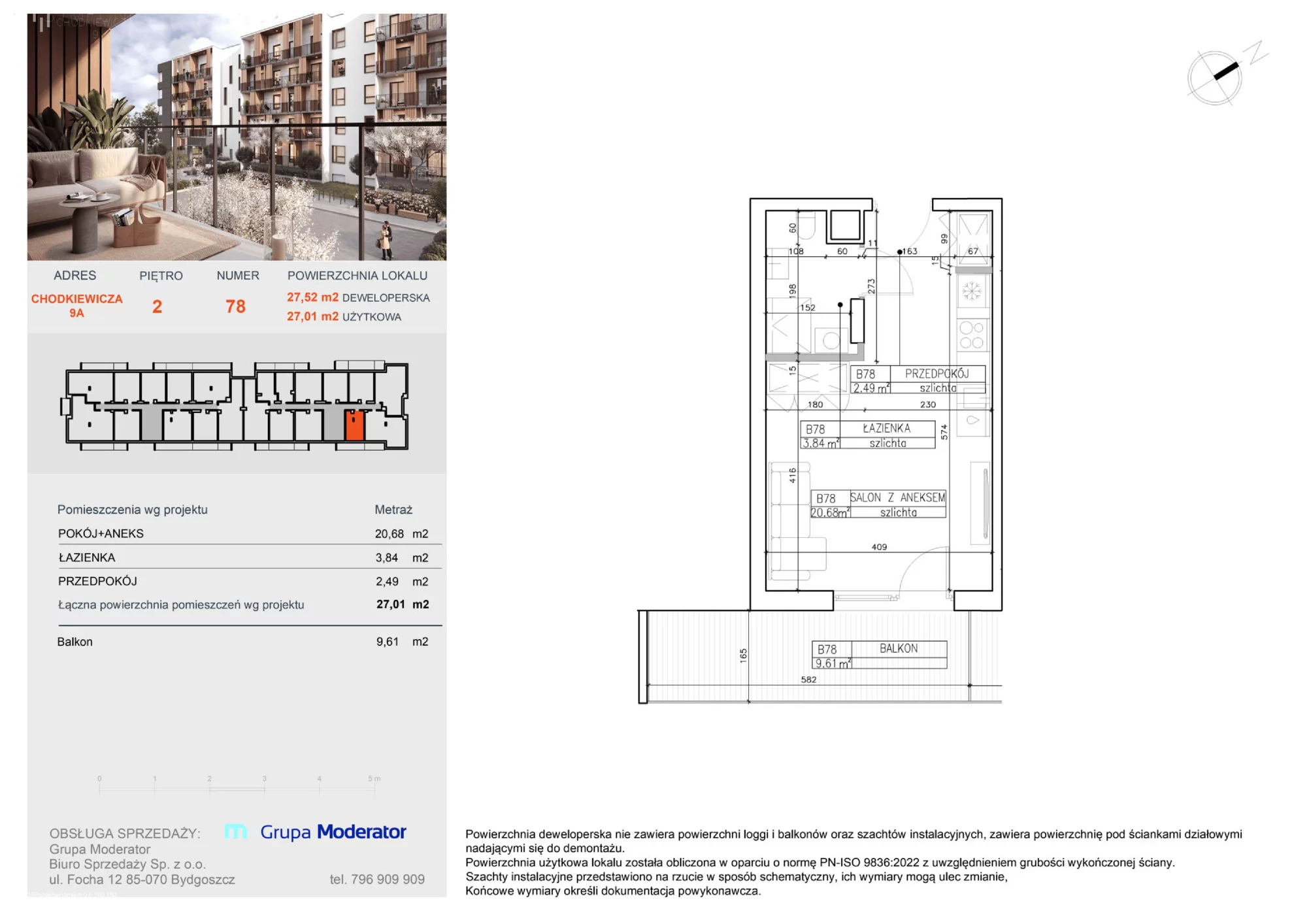 1 pokój, mieszkanie 27,18 m², piętro 2, oferta nr B78, Osiedle Symfonia, Bydgoszcz, Bielawy, ul. Jana Karola Chodkiewicza 9