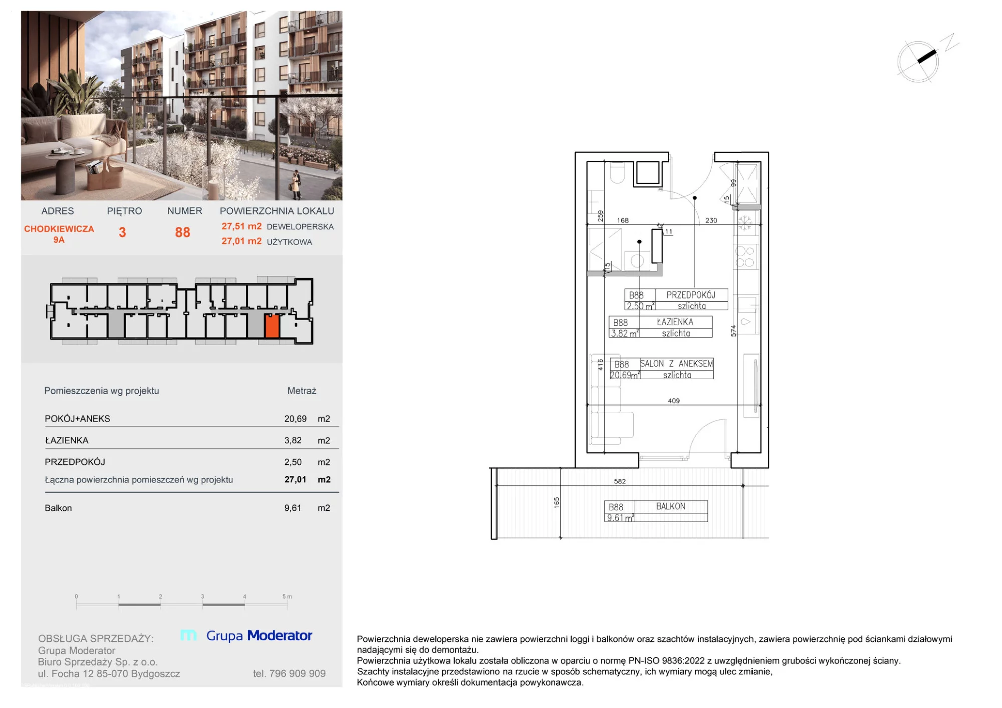 Apartament 27,01 m², piętro 3, oferta nr B88, Osiedle Symfonia, Bydgoszcz, Bielawy, ul. Jana Karola Chodkiewicza 9