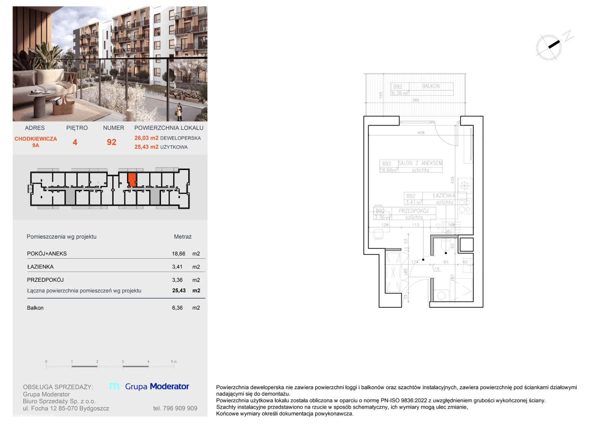 1 pokój, mieszkanie 25,43 m², piętro 4, oferta nr B92, Osiedle Symfonia, Bydgoszcz, Bielawy, ul. Jana Karola Chodkiewicza 9