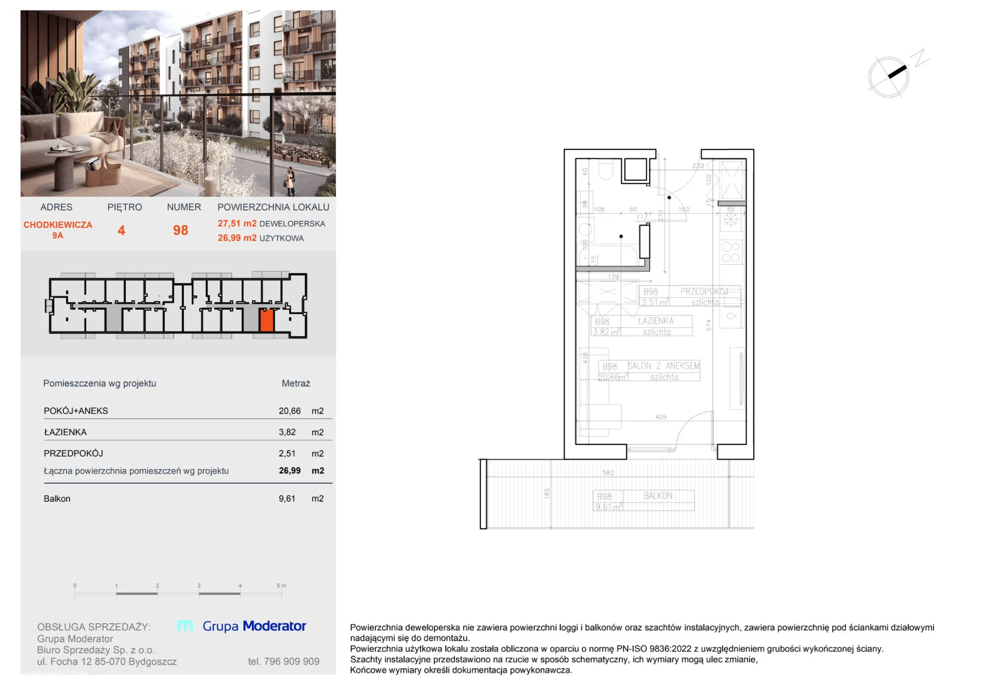 Apartament 26,99 m², piętro 4, oferta nr B98, Osiedle Symfonia, Bydgoszcz, Bielawy, ul. Jana Karola Chodkiewicza 9