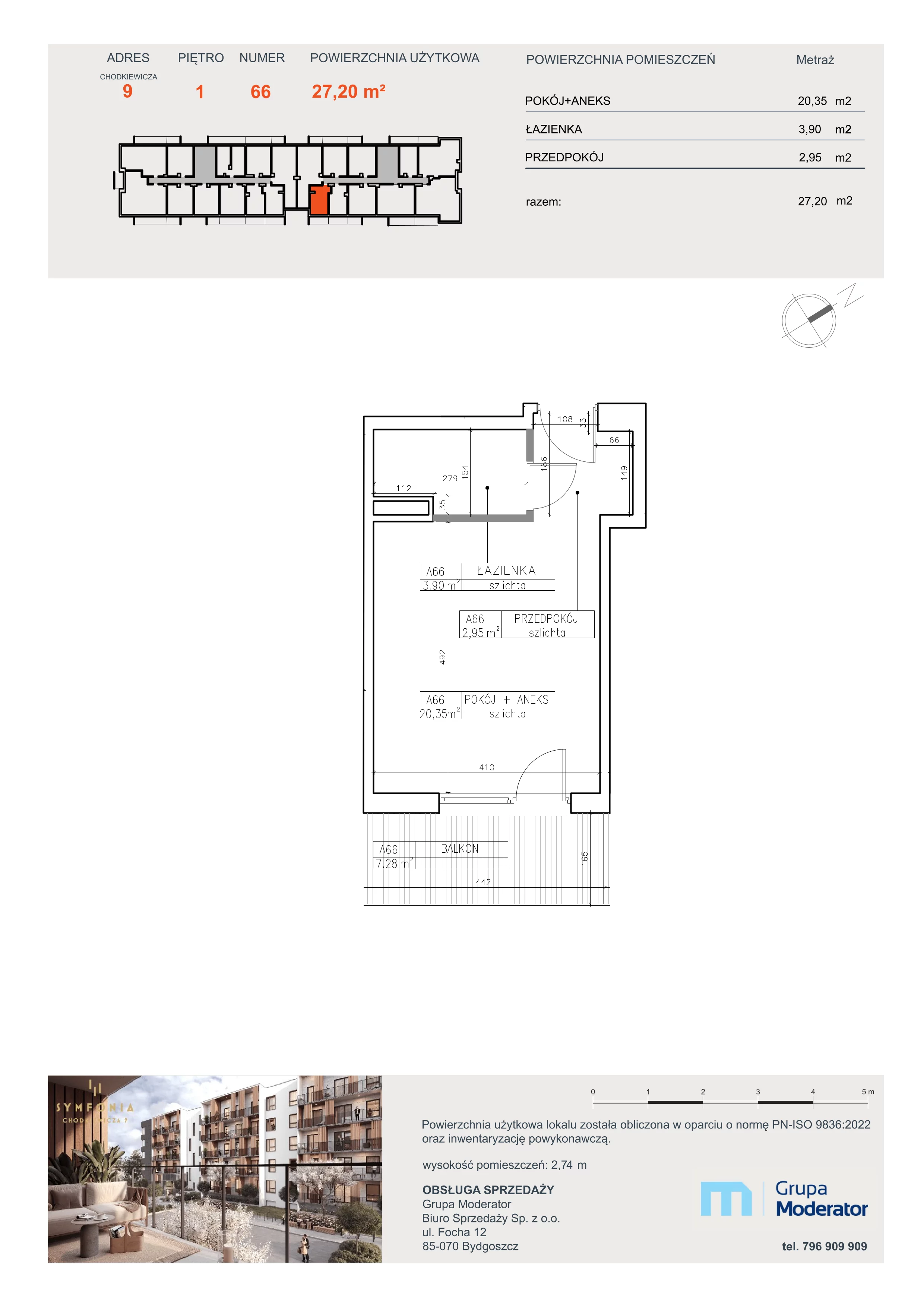 1 pokój, mieszkanie 27,20 m², piętro 1, oferta nr A66, Osiedle Symfonia, Bydgoszcz, Bielawy, ul. Jana Karola Chodkiewicza 9