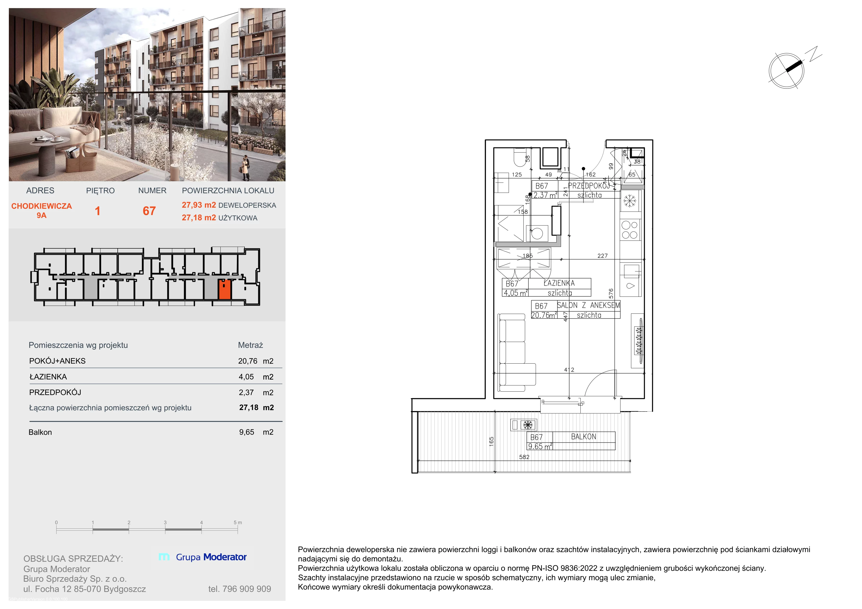 1 pokój, mieszkanie 27,18 m², piętro 1, oferta nr B67, Osiedle Symfonia, Bydgoszcz, Bielawy, ul. Jana Karola Chodkiewicza 9