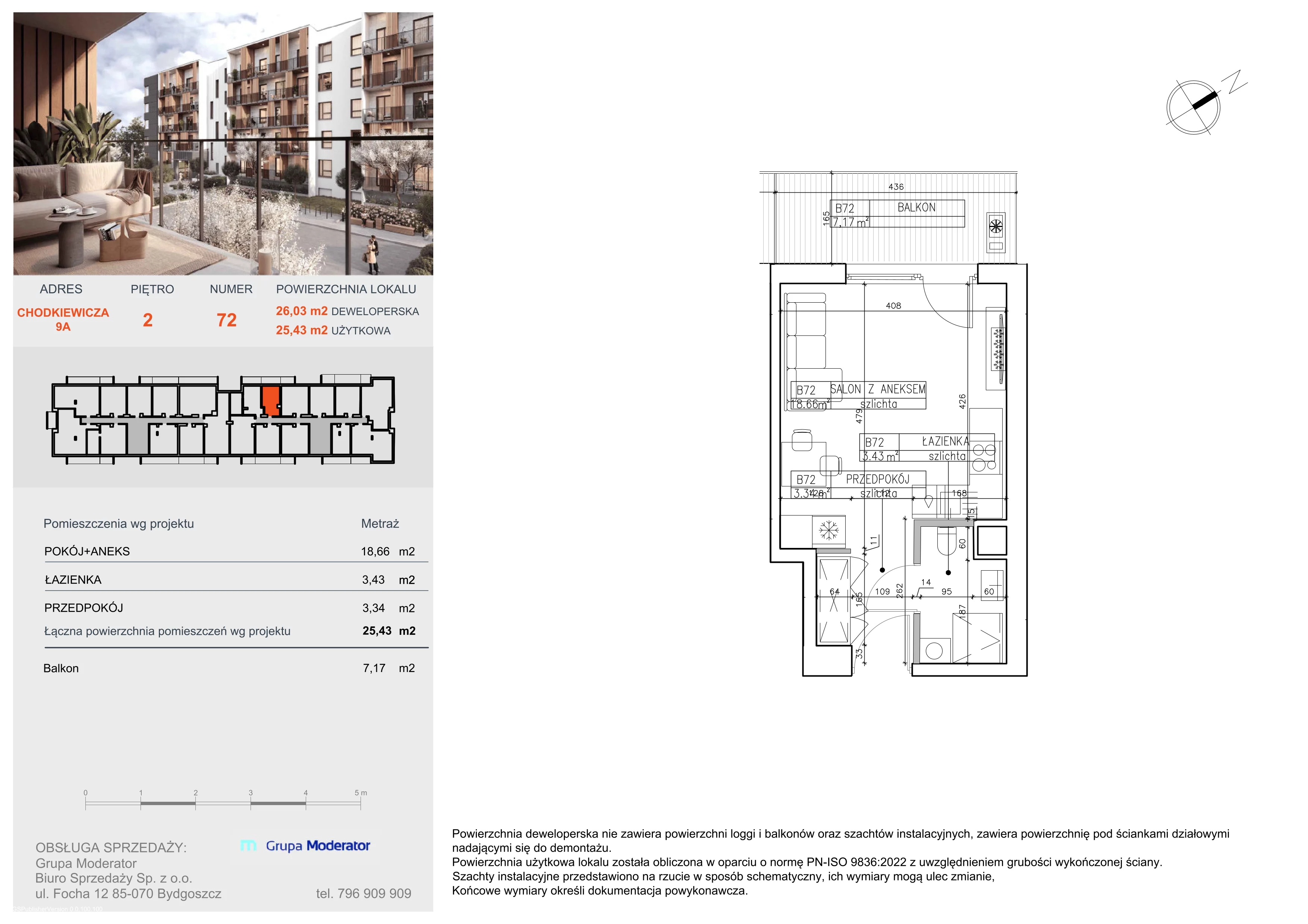 1 pokój, mieszkanie 25,43 m², piętro 2, oferta nr B72, Osiedle Symfonia, Bydgoszcz, Bielawy, ul. Jana Karola Chodkiewicza 9