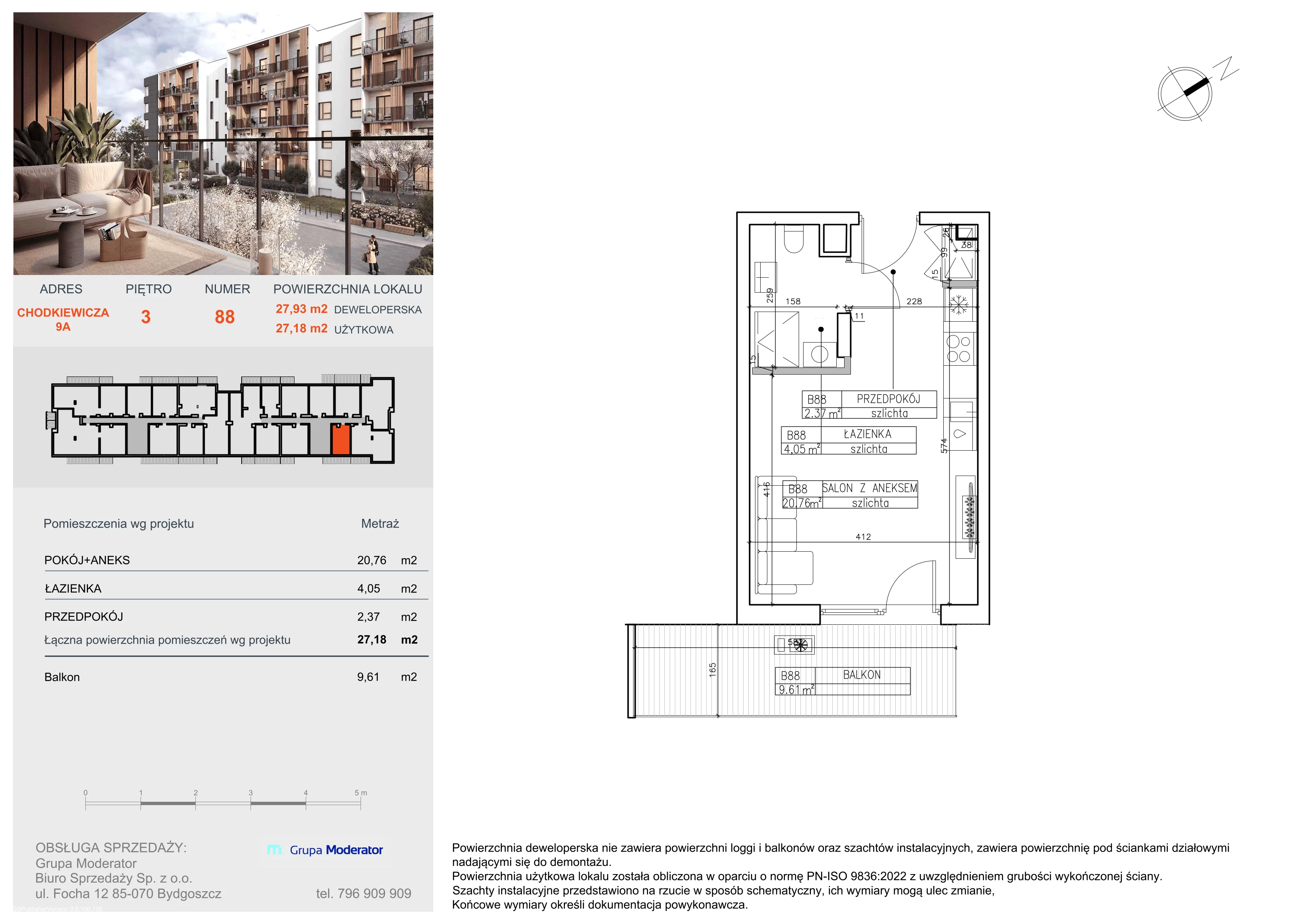 1 pokój, mieszkanie 27,18 m², piętro 3, oferta nr B88, Osiedle Symfonia, Bydgoszcz, Bielawy, ul. Jana Karola Chodkiewicza 9