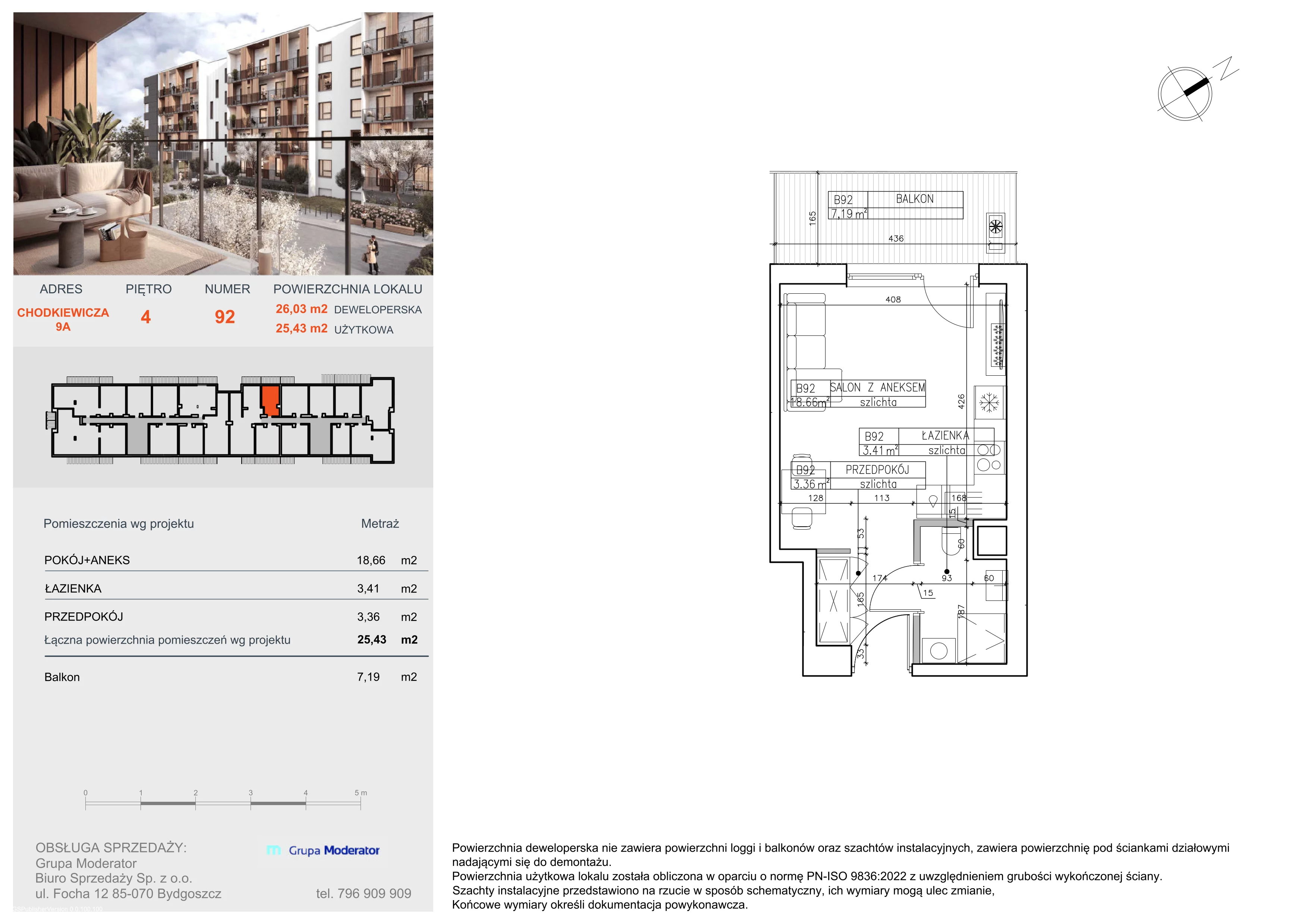 1 pokój, mieszkanie 25,43 m², piętro 4, oferta nr B92, Osiedle Symfonia, Bydgoszcz, Bielawy, ul. Jana Karola Chodkiewicza 9