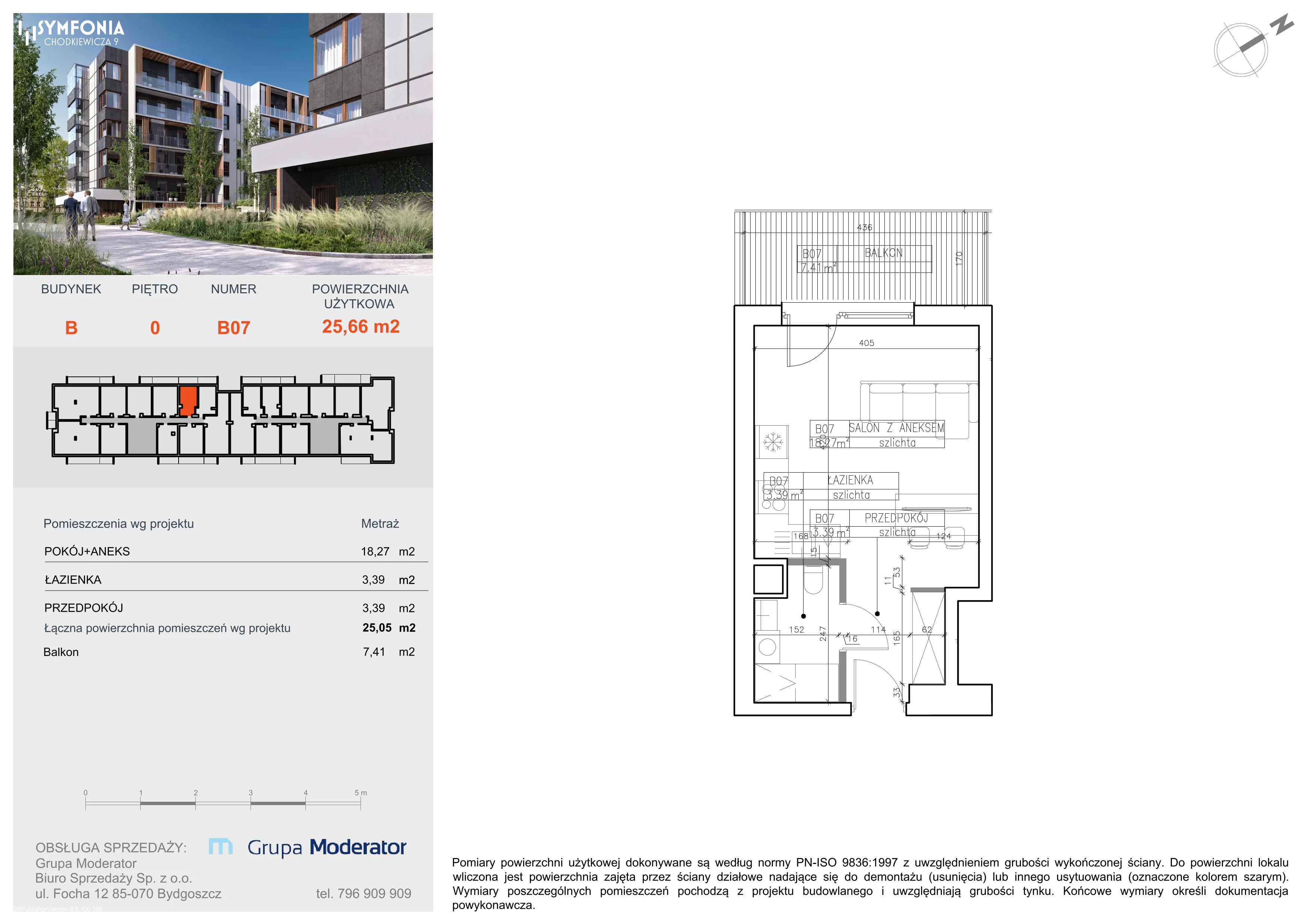 1 pokój, mieszkanie 25,66 m², parter, oferta nr B7, Osiedle Symfonia, Bydgoszcz, Bielawy, ul. Jana Karola Chodkiewicza 9