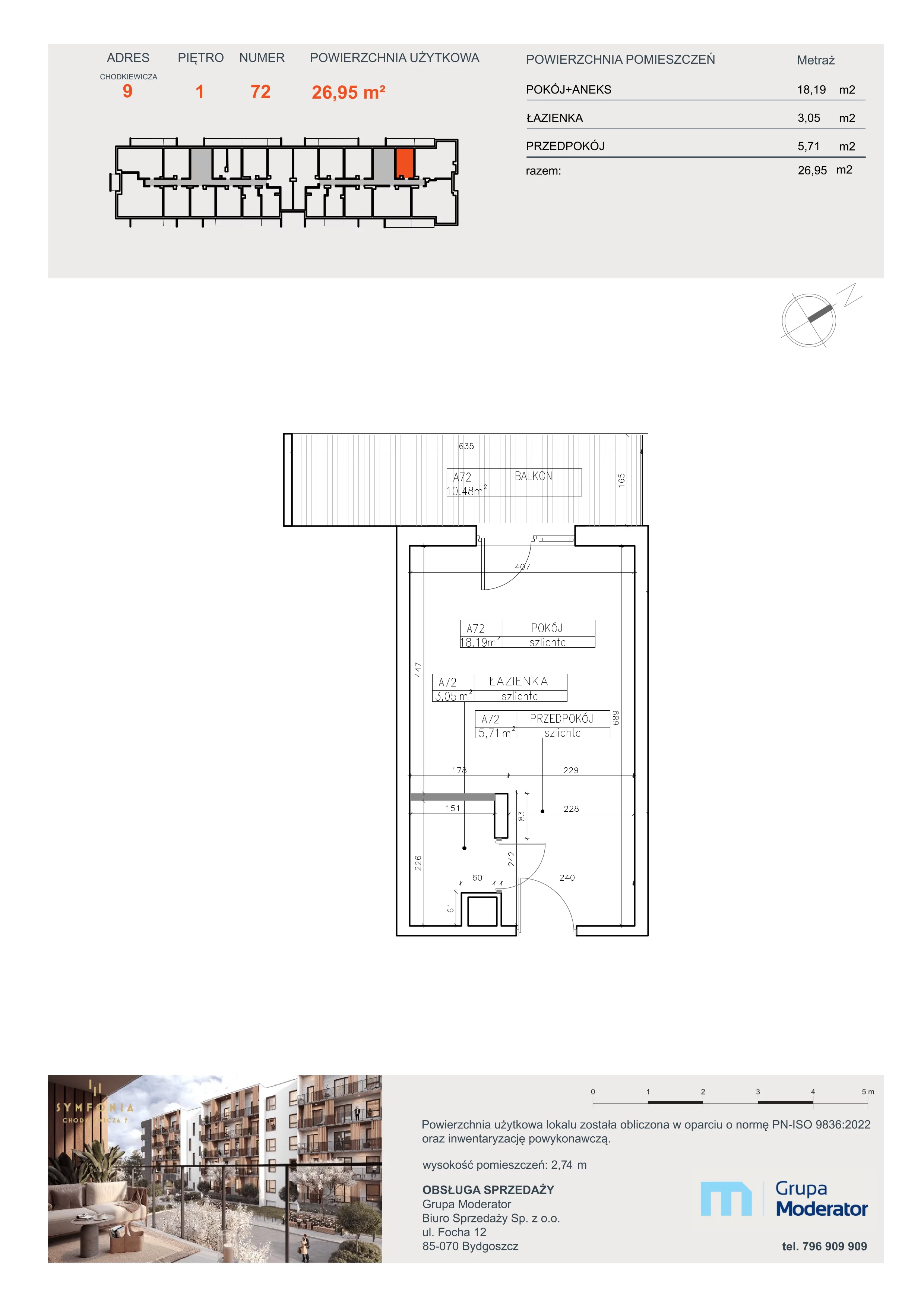 1 pokój, apartament 26,95 m², piętro 1, oferta nr A72, Osiedle Symfonia, Bydgoszcz, Bielawy, ul. Jana Karola Chodkiewicza 9