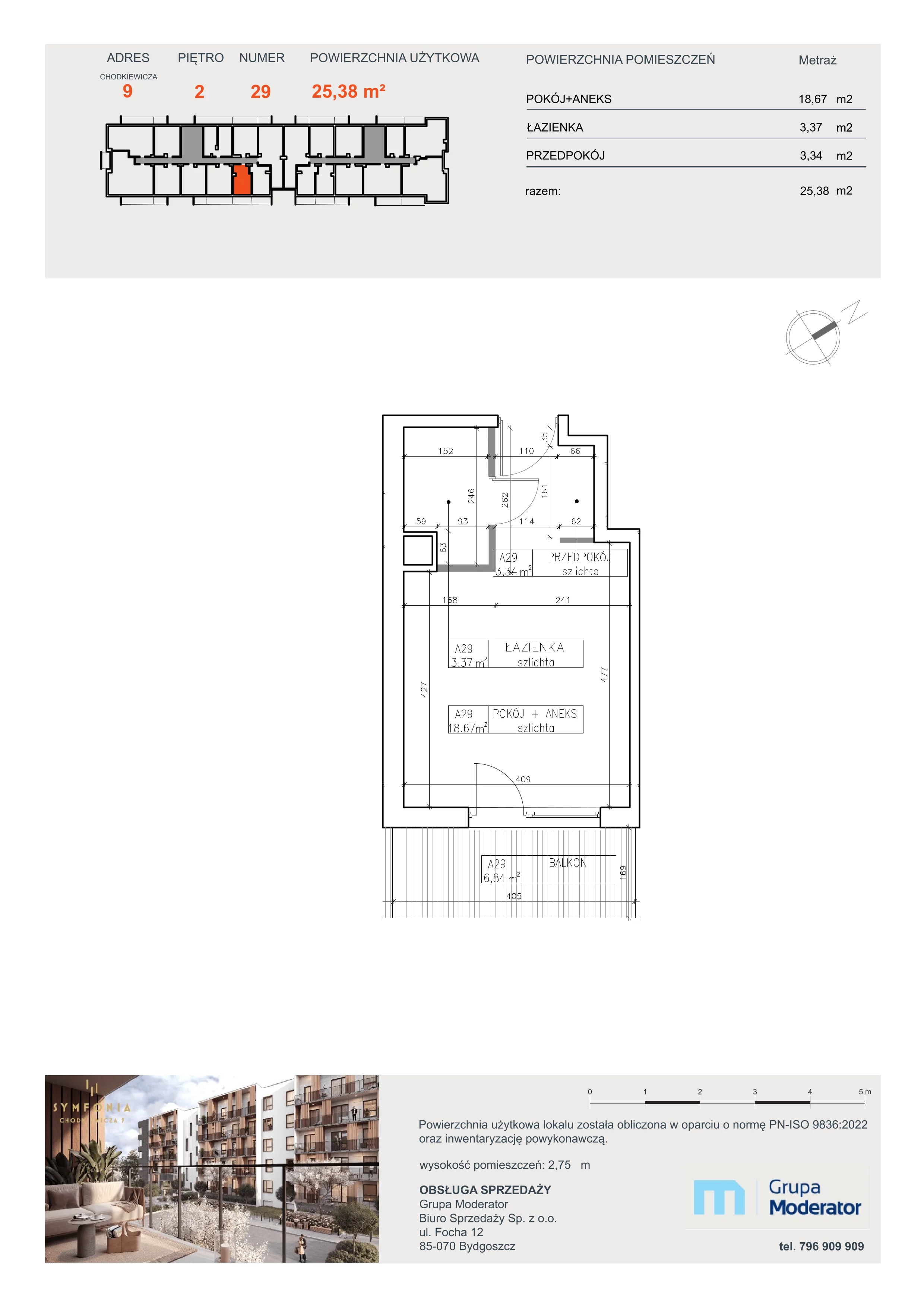 1 pokój, apartament 25,38 m², piętro 2, oferta nr A29, Osiedle Symfonia, Bydgoszcz, Bielawy, ul. Jana Karola Chodkiewicza 9