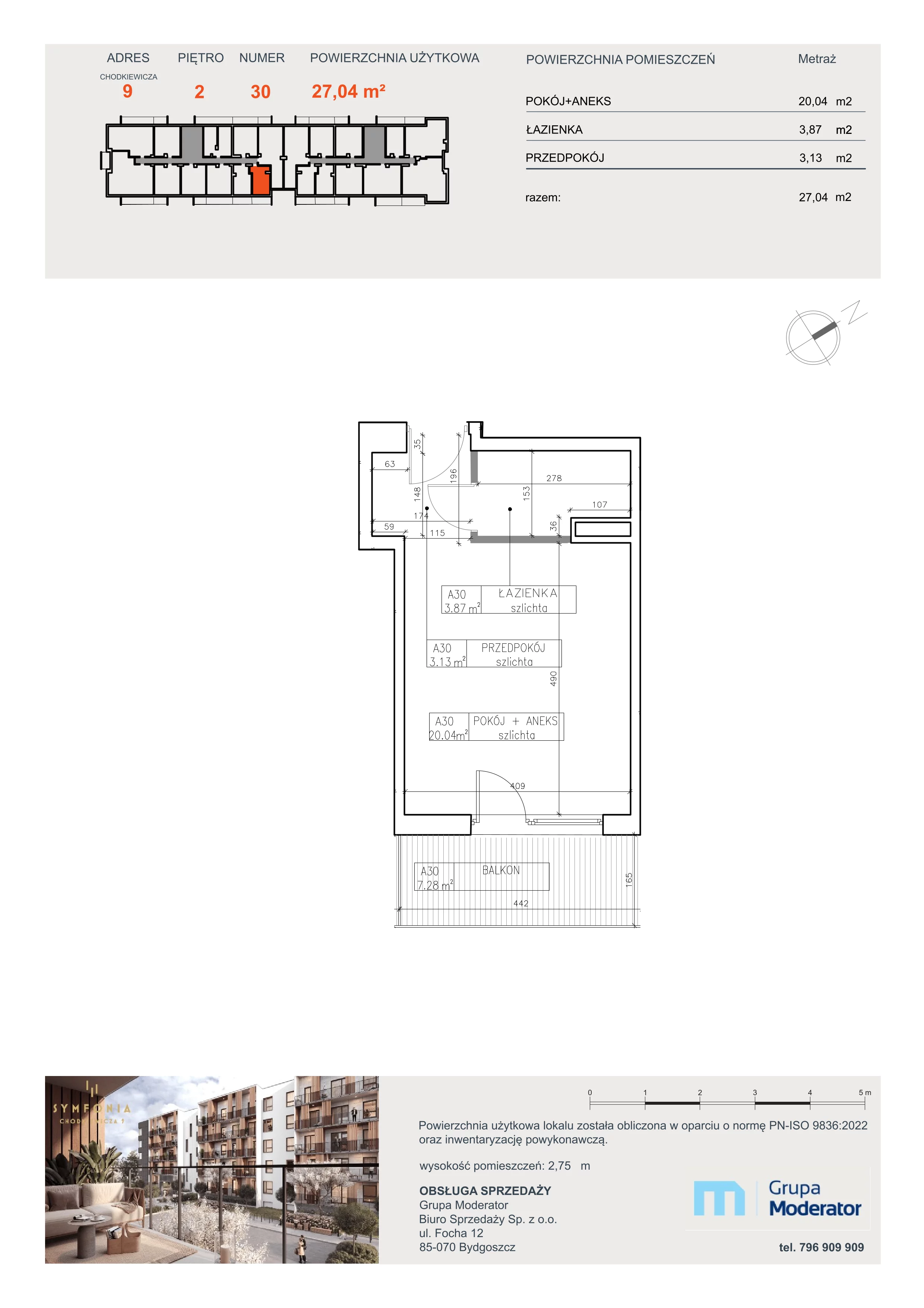 1 pokój, apartament 27,04 m², piętro 2, oferta nr A30, Osiedle Symfonia, Bydgoszcz, Bielawy, ul. Jana Karola Chodkiewicza 9