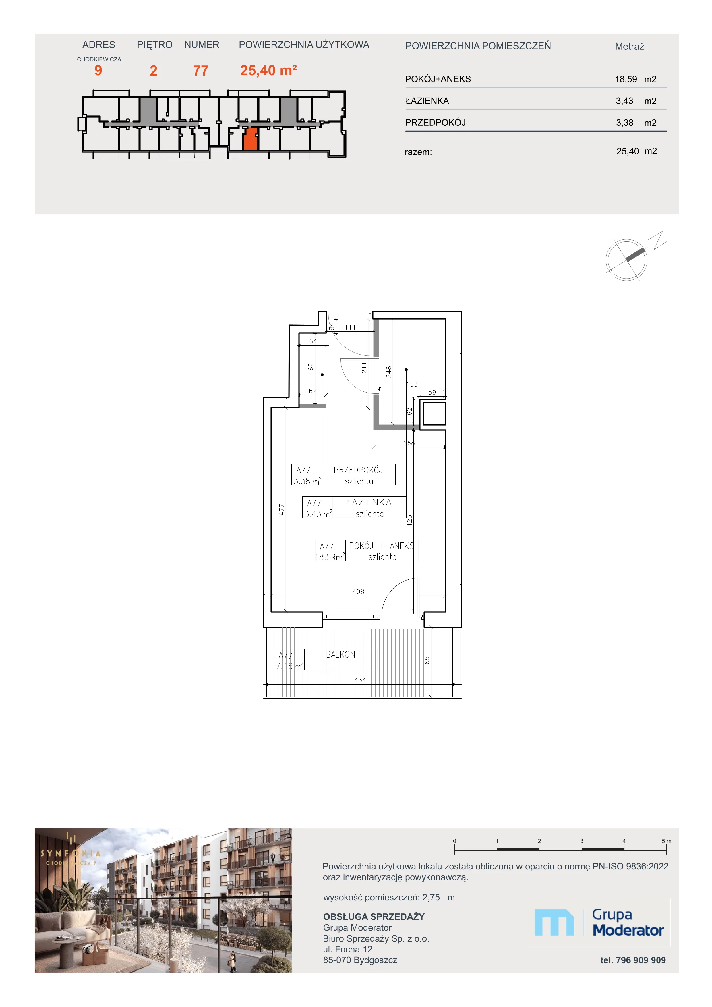 1 pokój, apartament 25,40 m², piętro 2, oferta nr A77, Osiedle Symfonia, Bydgoszcz, Bielawy, ul. Jana Karola Chodkiewicza 9