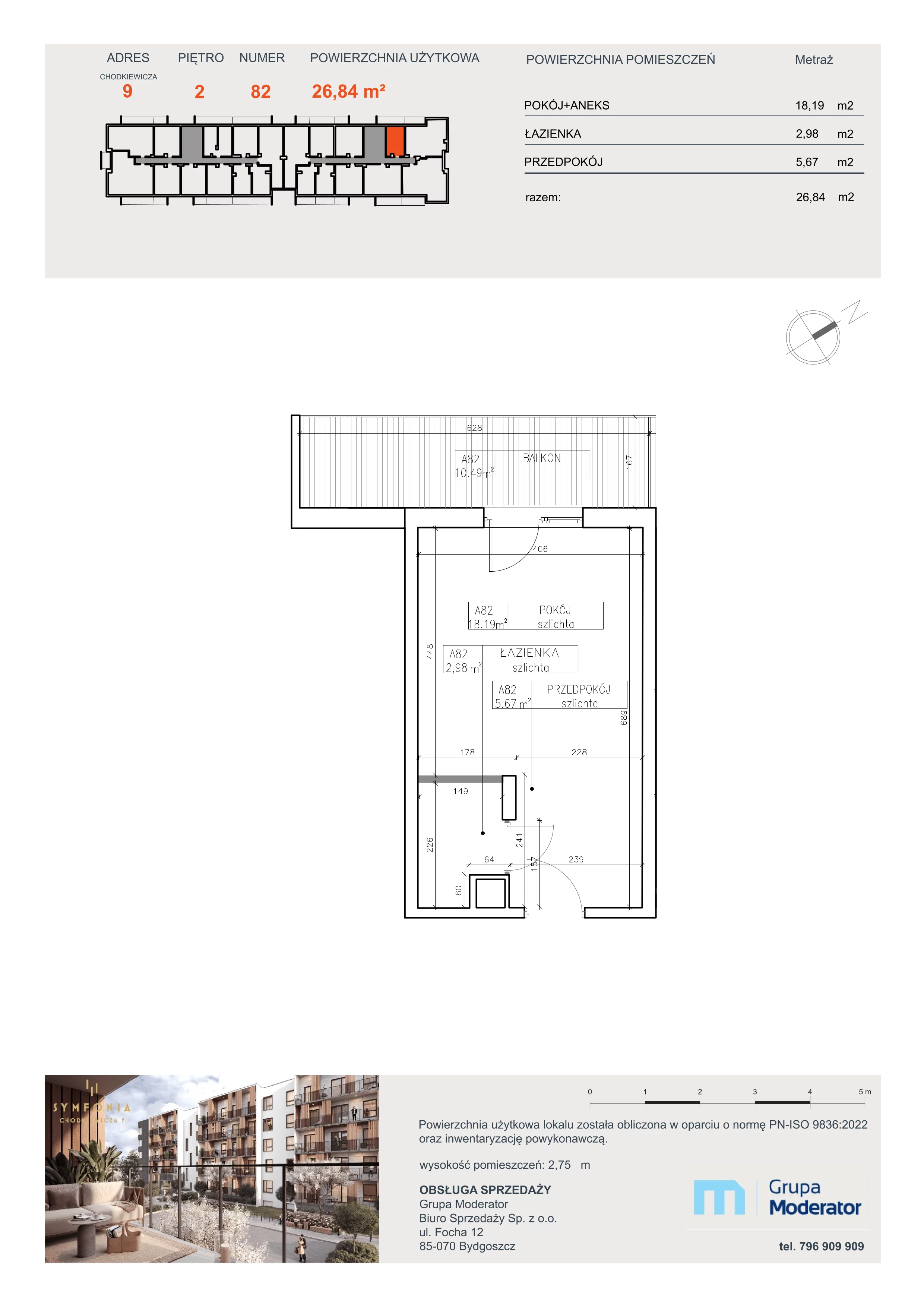 1 pokój, apartament 26,84 m², piętro 2, oferta nr A82, Osiedle Symfonia, Bydgoszcz, Bielawy, ul. Jana Karola Chodkiewicza 9