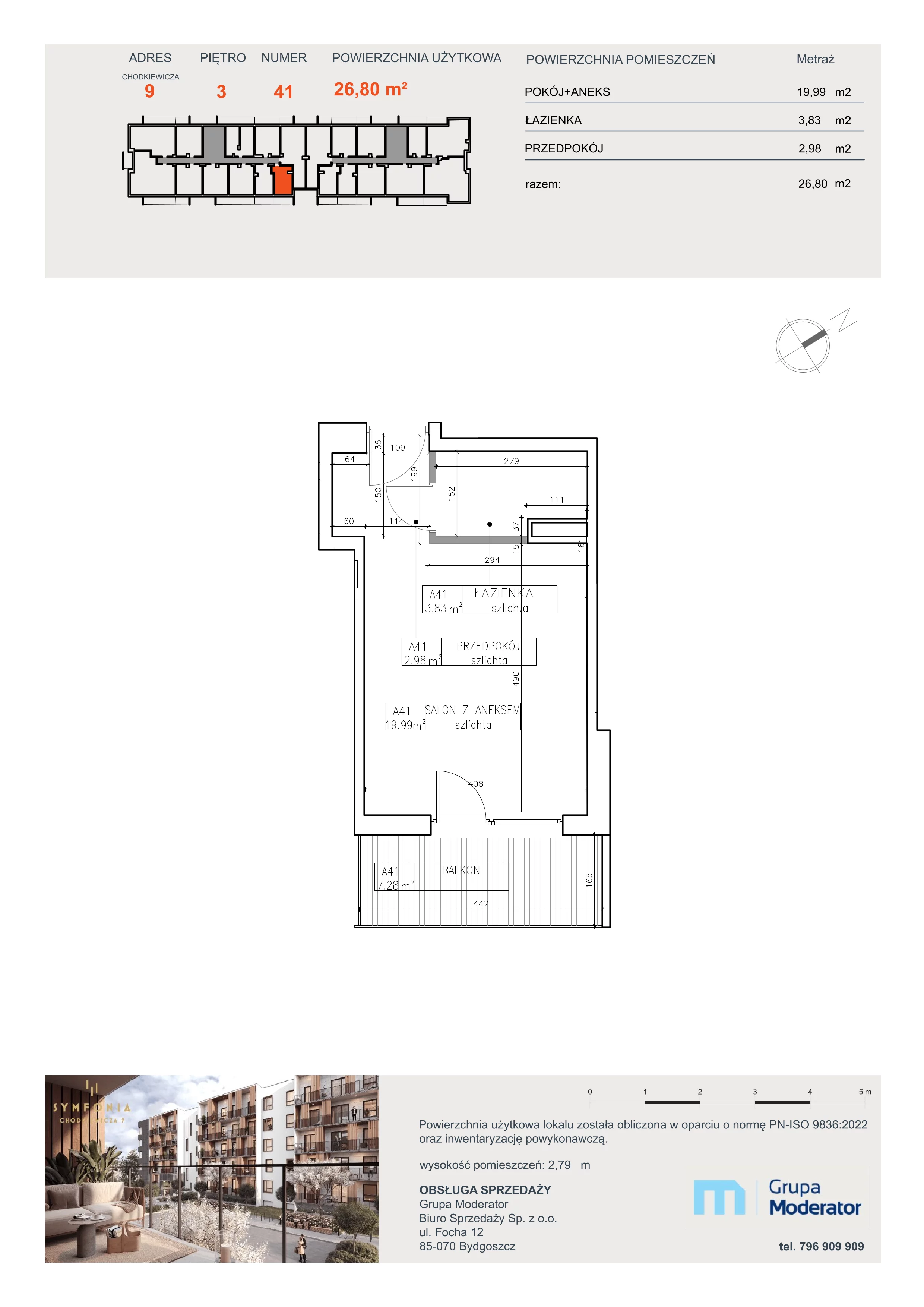 1 pokój, apartament 26,80 m², piętro 3, oferta nr A41, Osiedle Symfonia, Bydgoszcz, Bielawy, ul. Jana Karola Chodkiewicza 9