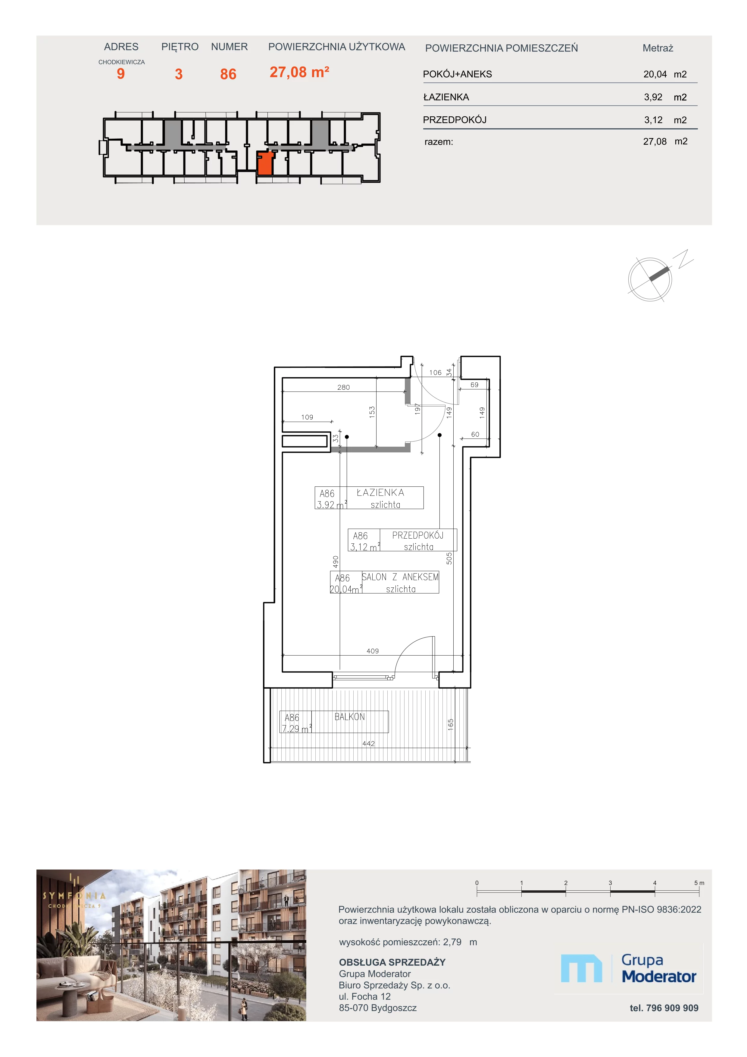 1 pokój, apartament 27,08 m², piętro 3, oferta nr A86, Osiedle Symfonia, Bydgoszcz, Bielawy, ul. Jana Karola Chodkiewicza 9