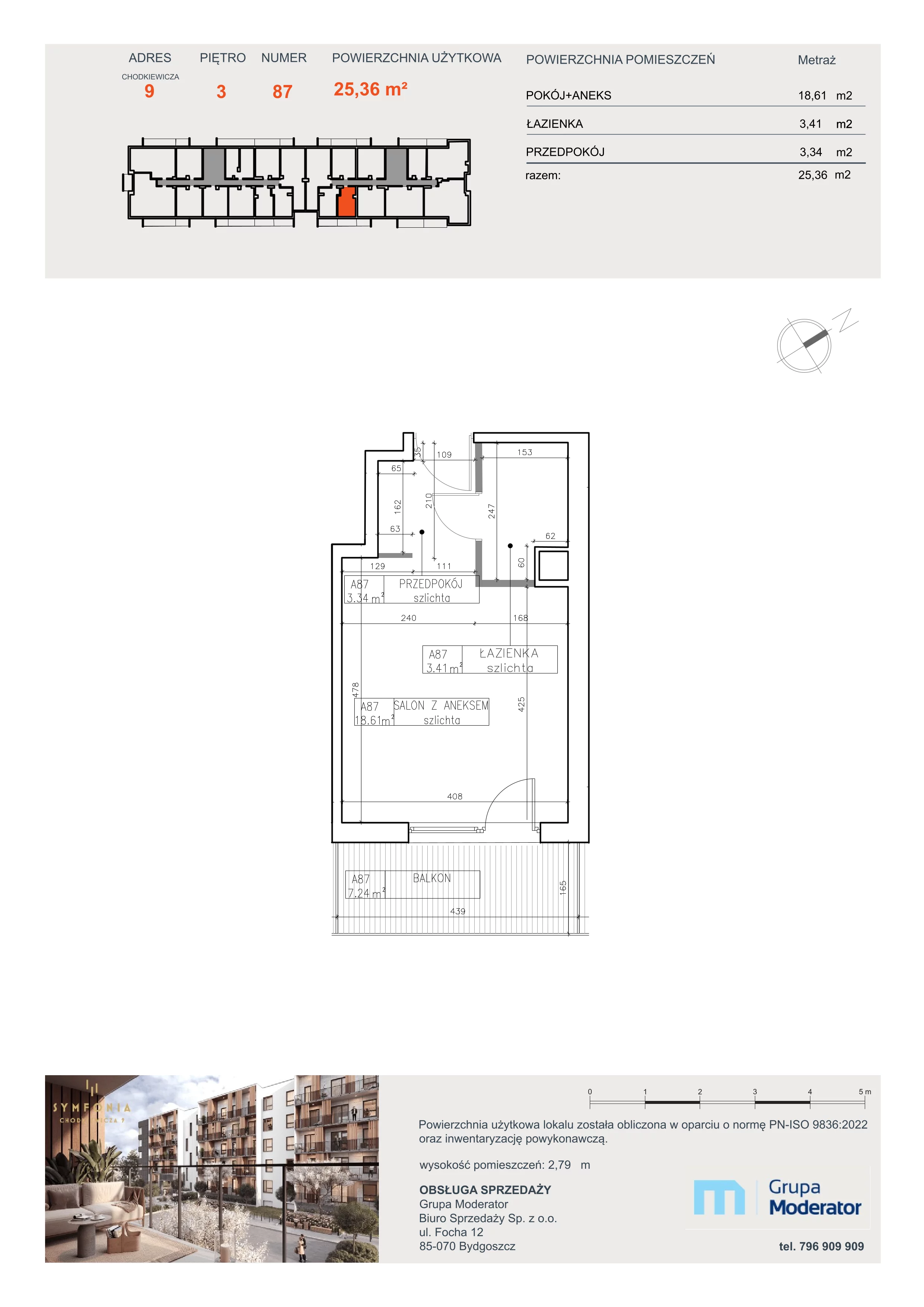 1 pokój, apartament 25,36 m², piętro 3, oferta nr A87, Osiedle Symfonia, Bydgoszcz, Bielawy, ul. Jana Karola Chodkiewicza 9