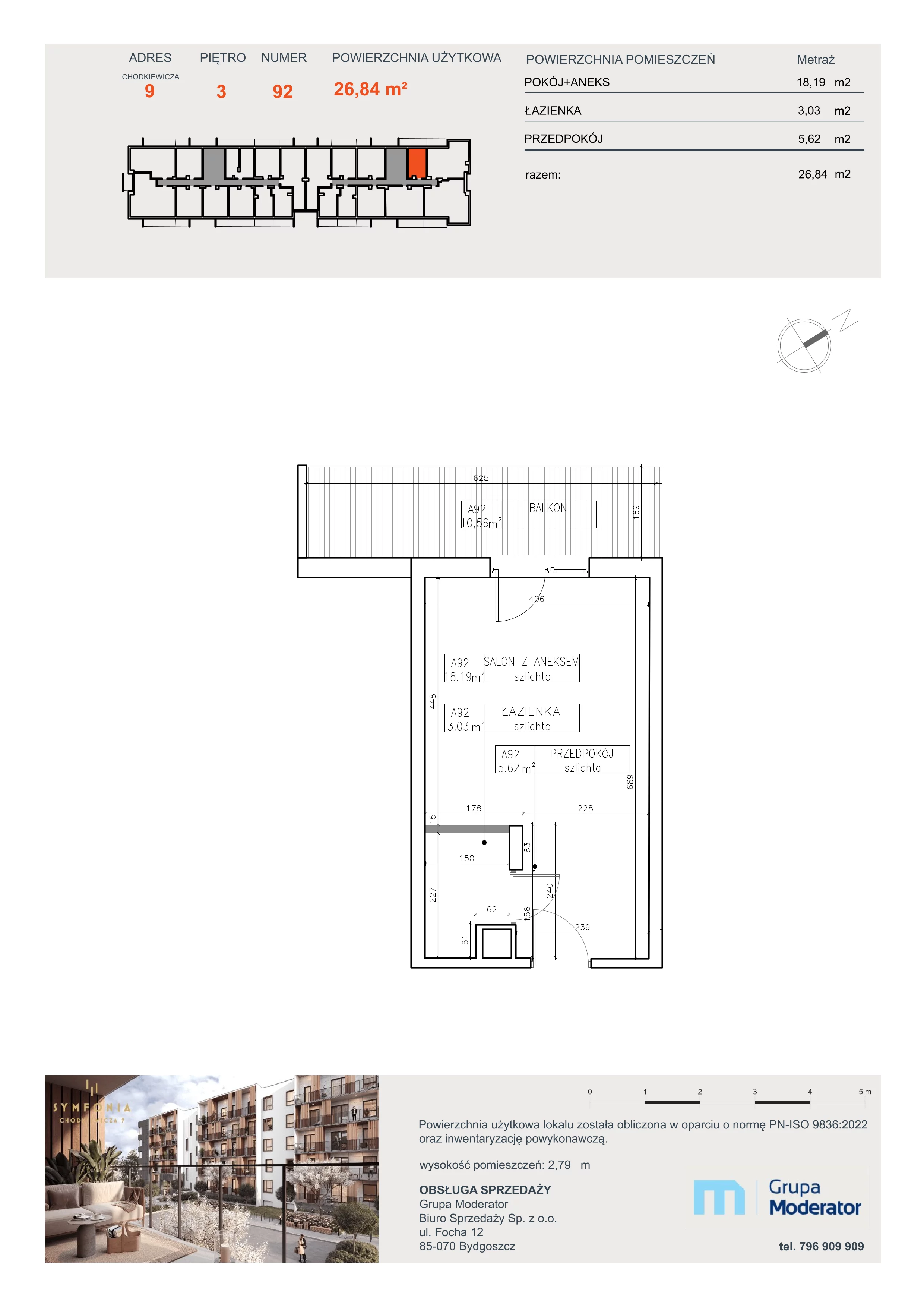 1 pokój, mieszkanie 26,84 m², piętro 3, oferta nr A92, Osiedle Symfonia, Bydgoszcz, Bielawy, ul. Jana Karola Chodkiewicza 9