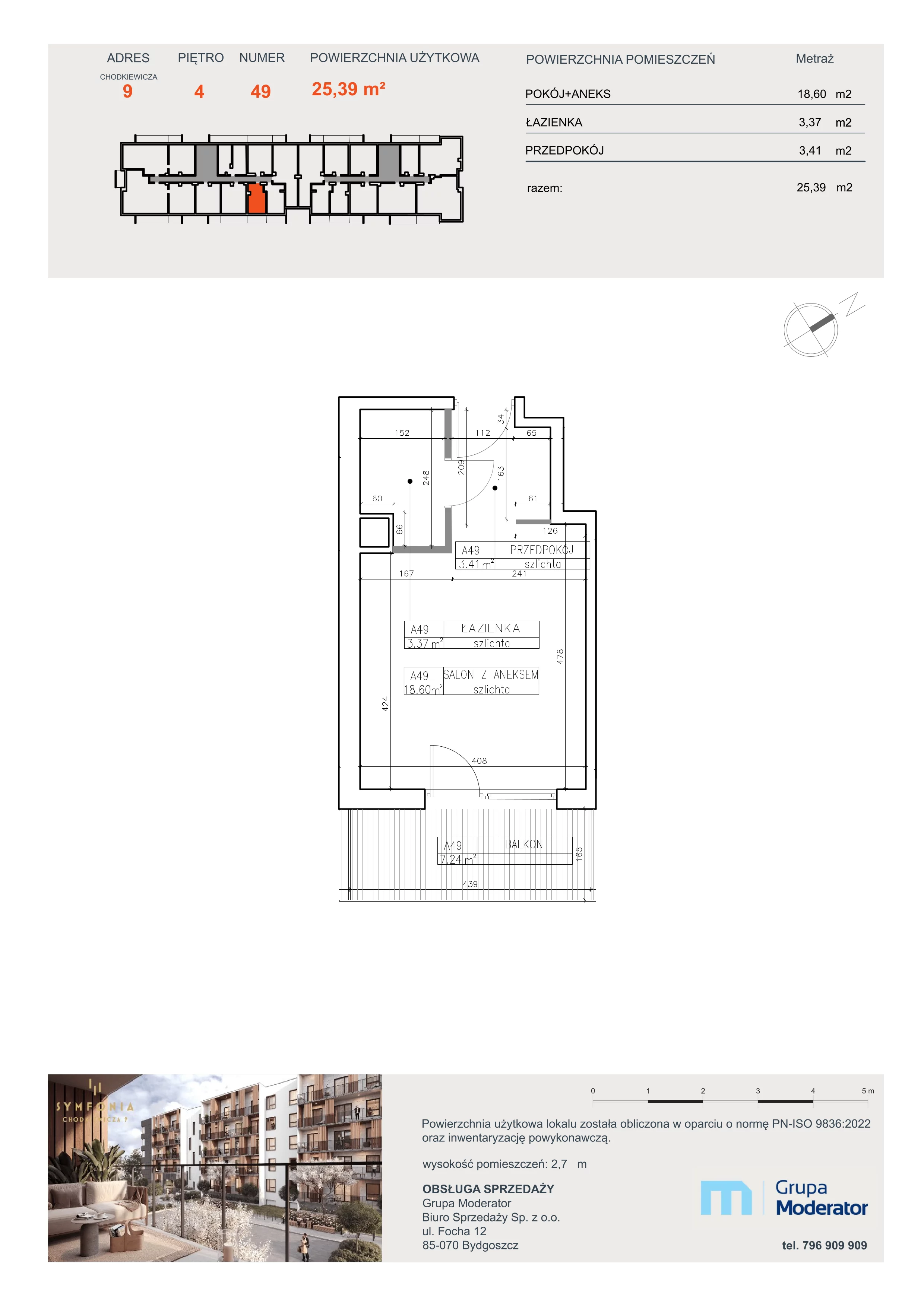 1 pokój, apartament 25,39 m², piętro 4, oferta nr A49, Osiedle Symfonia, Bydgoszcz, Bielawy, ul. Jana Karola Chodkiewicza 9