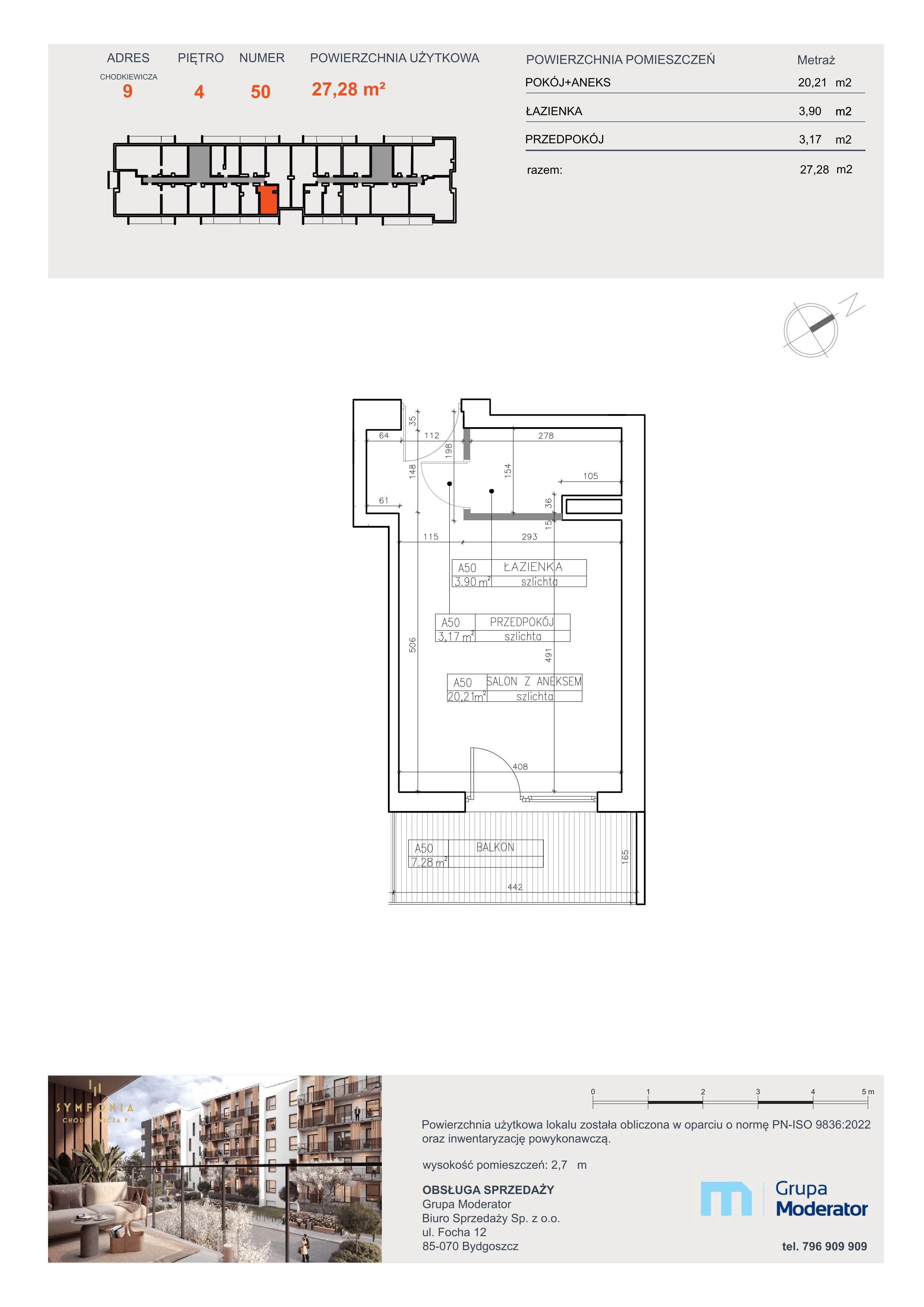 1 pokój, apartament 27,28 m², piętro 4, oferta nr A50, Osiedle Symfonia, Bydgoszcz, Bielawy, ul. Jana Karola Chodkiewicza 9
