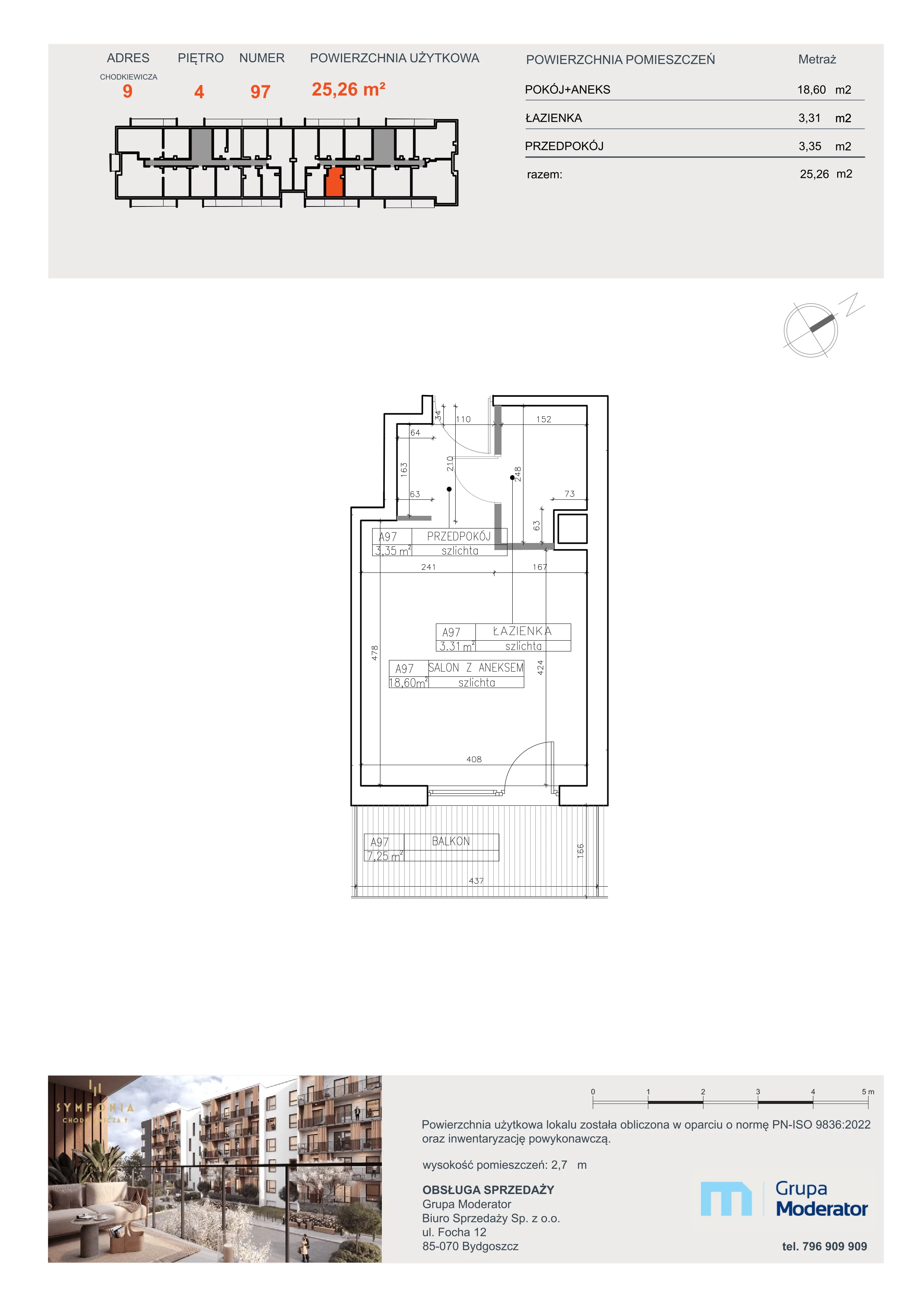 1 pokój, apartament 25,26 m², piętro 4, oferta nr A97, Osiedle Symfonia, Bydgoszcz, Bielawy, ul. Jana Karola Chodkiewicza 9