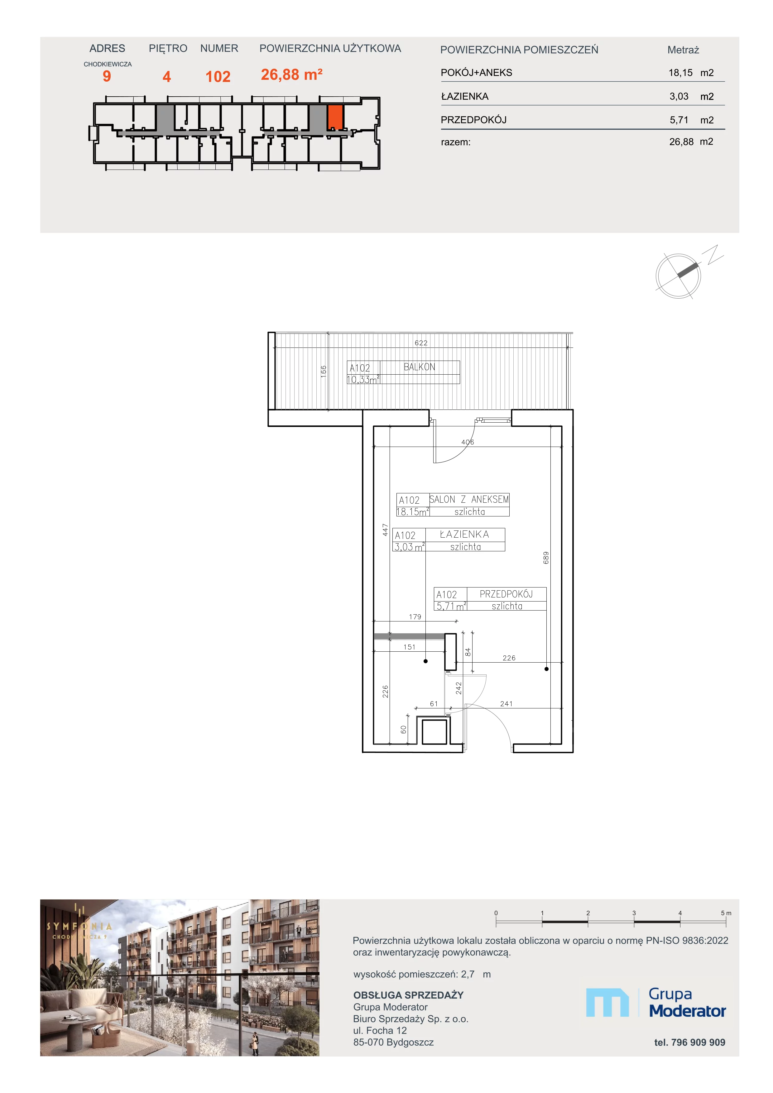 1 pokój, apartament 26,88 m², piętro 4, oferta nr A102, Osiedle Symfonia, Bydgoszcz, Bielawy, ul. Jana Karola Chodkiewicza 9