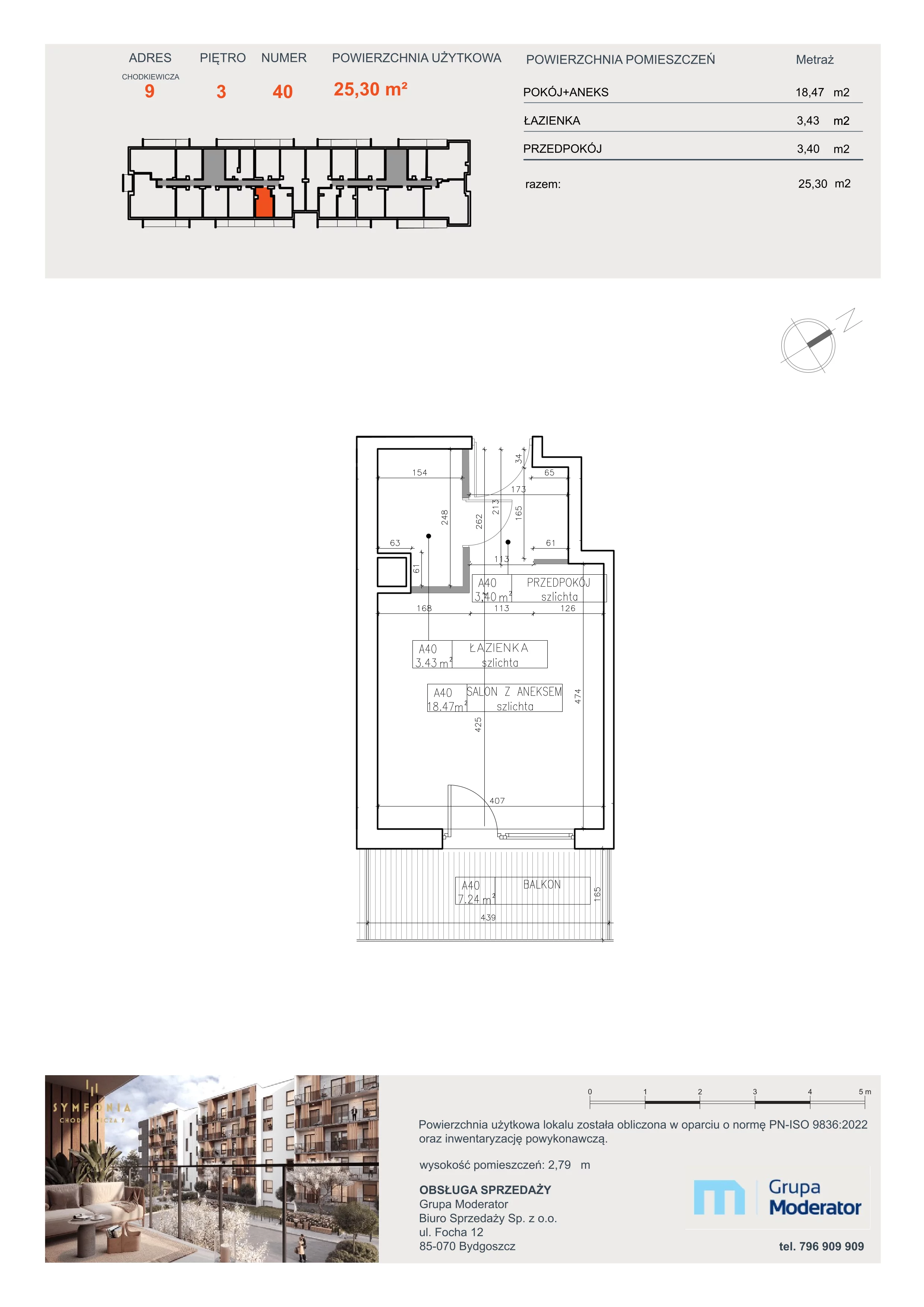 1 pokój, mieszkanie 25,30 m², piętro 3, oferta nr A40, Osiedle Symfonia, Bydgoszcz, Bielawy, ul. Jana Karola Chodkiewicza 9