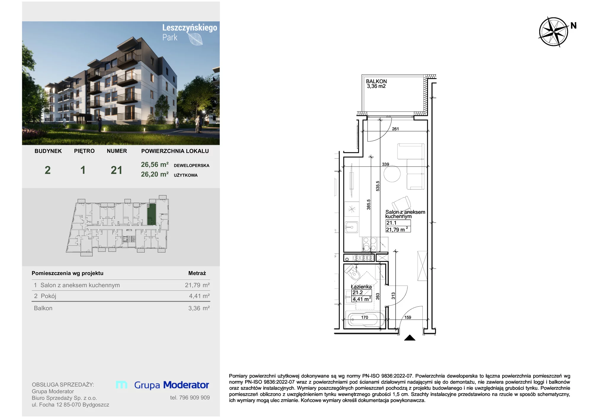 Mieszkanie 26,20 m², piętro 1, oferta nr III/21, Leszczyńskiego Park, Bydgoszcz, Szwederowo, ul. Leszczyńskiego