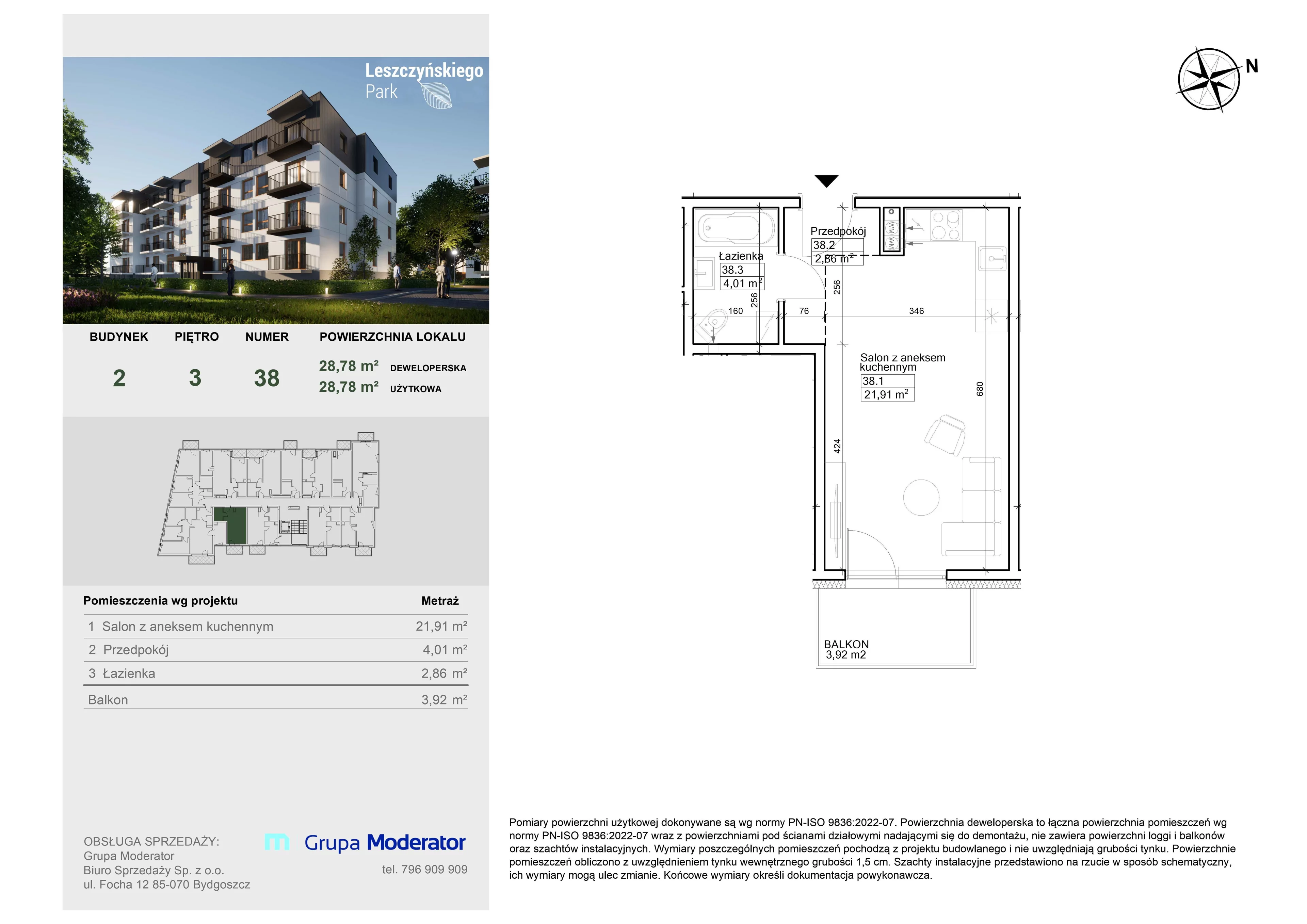 Mieszkanie 28,78 m², piętro 3, oferta nr III/38, Leszczyńskiego Park, Bydgoszcz, Szwederowo, ul. Leszczyńskiego