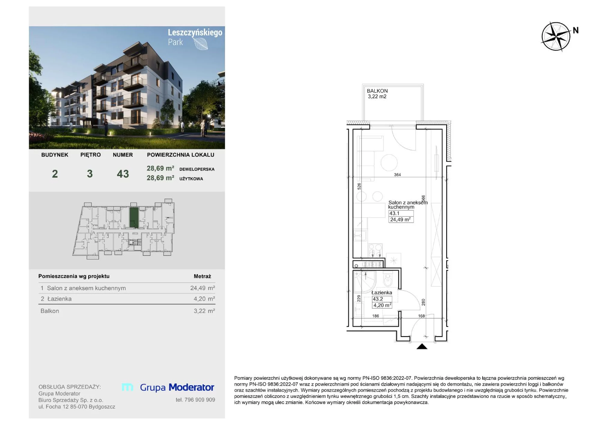 Mieszkanie 28,51 m², piętro 3, oferta nr III/43, Leszczyńskiego Park, Bydgoszcz, Szwederowo, ul. Leszczyńskiego