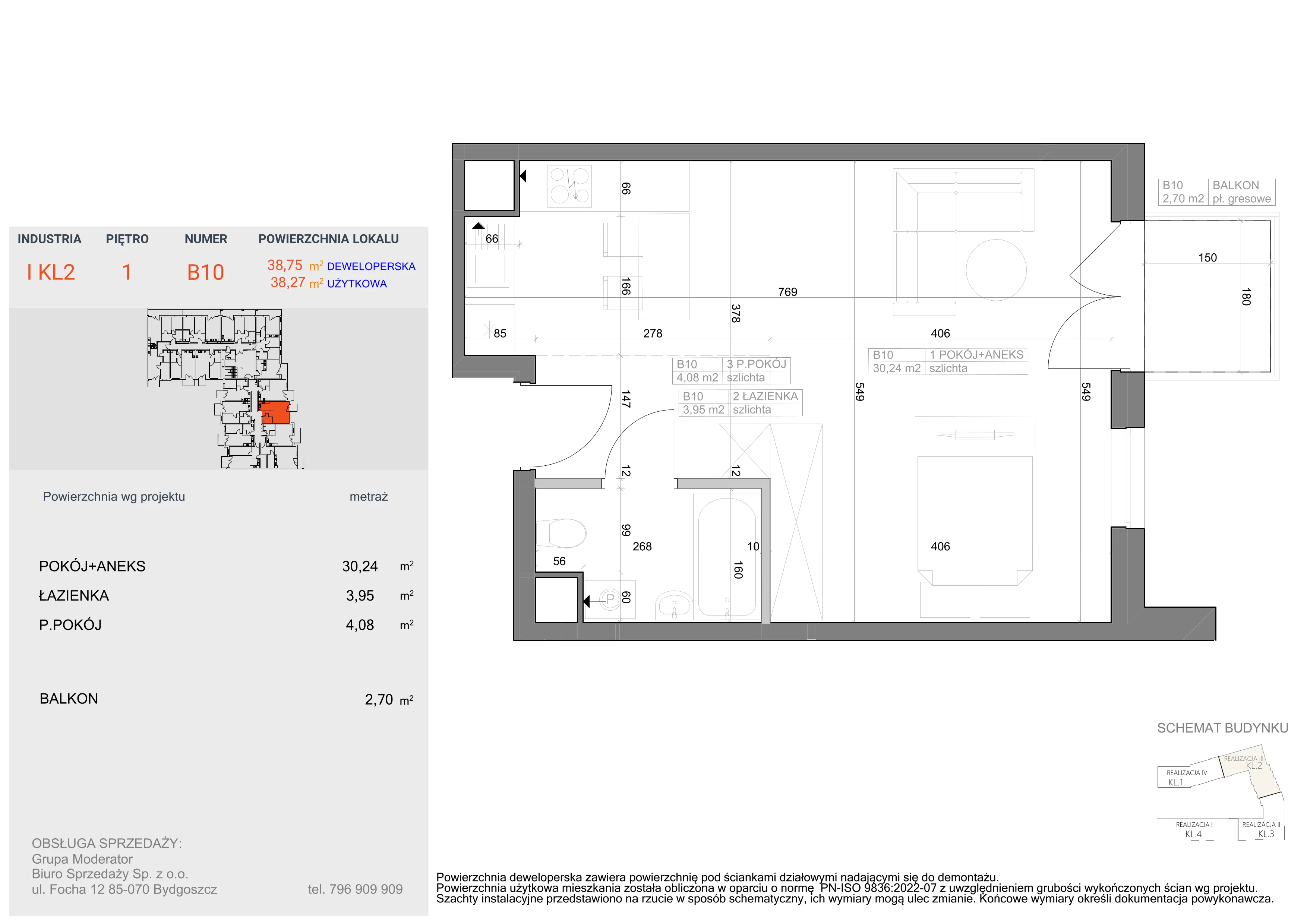 1 pokój, mieszkanie 38,27 m², piętro 1, oferta nr I-B10, Industria II, Bydgoszcz, Bocianowo, ul. Rycerska 22
