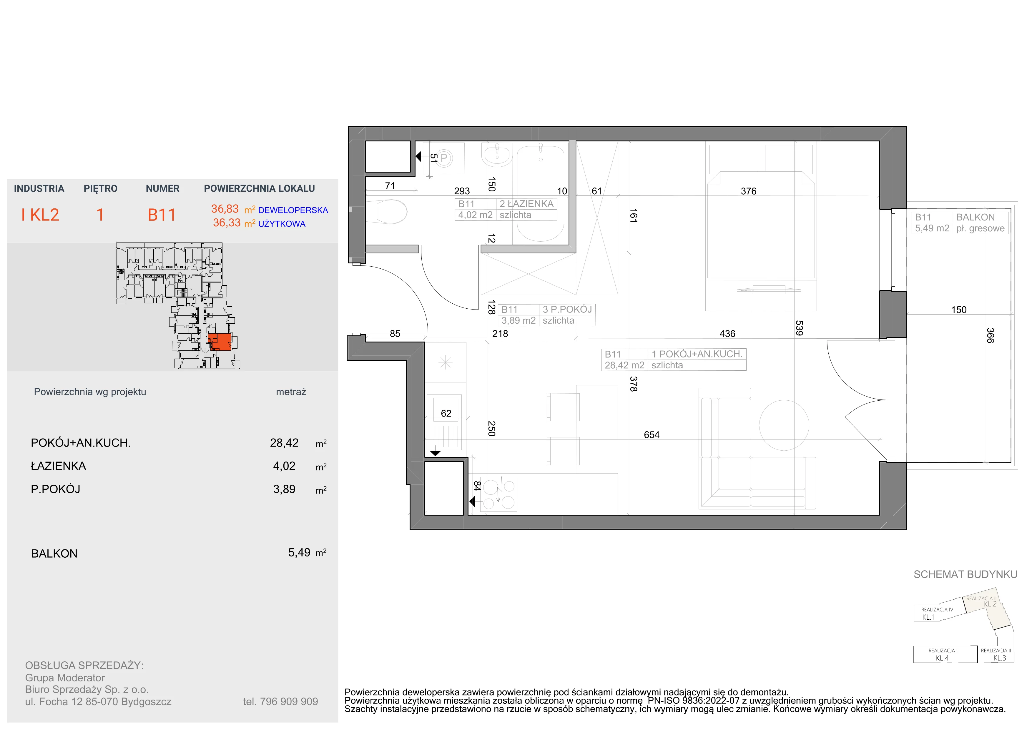 1 pokój, mieszkanie 36,33 m², piętro 1, oferta nr I-B11, Industria II, Bydgoszcz, Bocianowo, ul. Rycerska 22