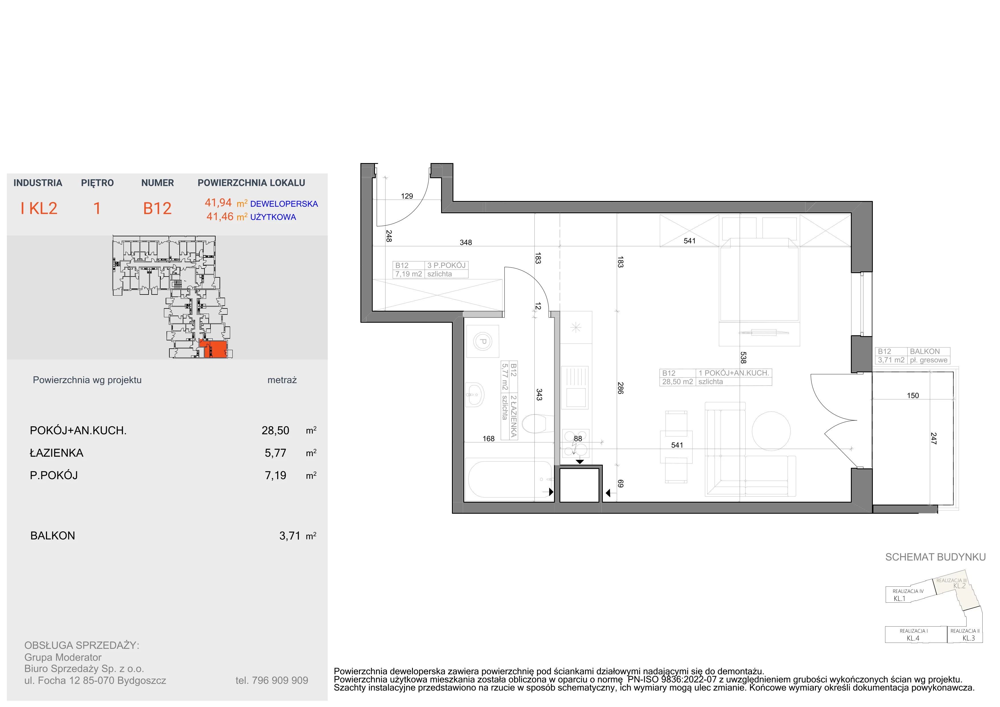 1 pokój, mieszkanie 41,46 m², piętro 1, oferta nr I-B12, Industria II, Bydgoszcz, Bocianowo, ul. Rycerska 22