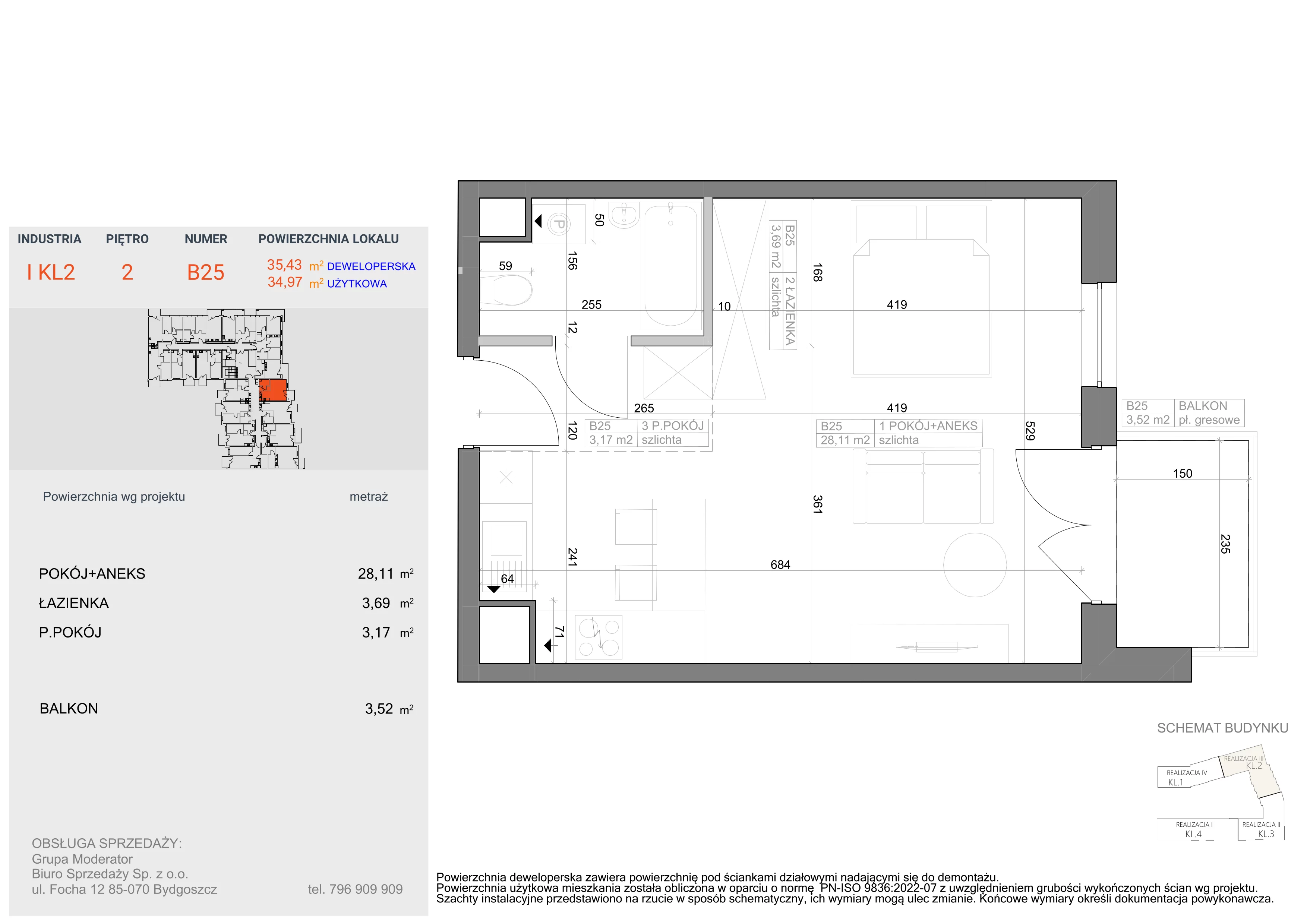 1 pokój, mieszkanie 34,97 m², piętro 2, oferta nr I-B25, Industria II, Bydgoszcz, Bocianowo, ul. Rycerska 22
