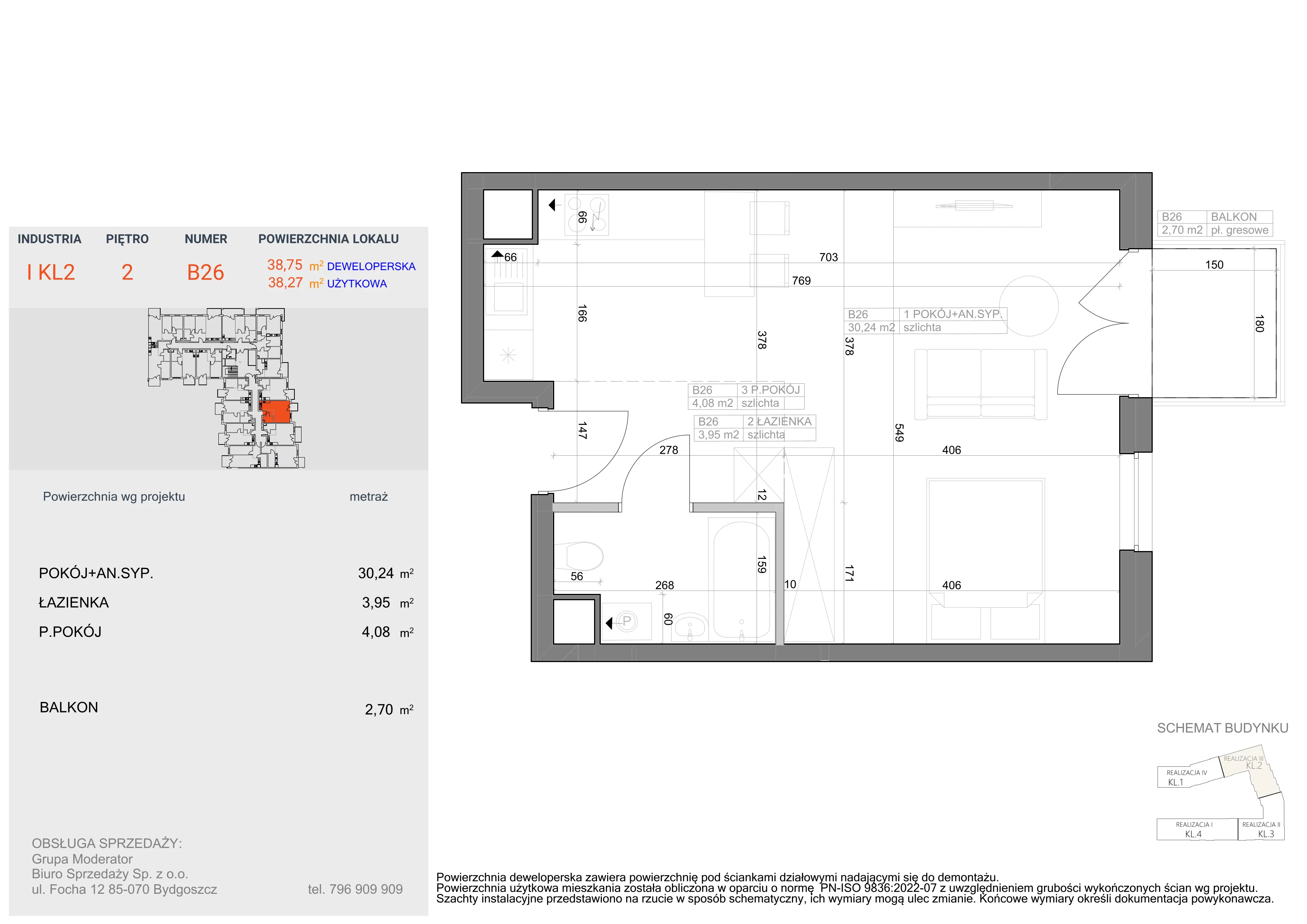 1 pokój, mieszkanie 38,27 m², piętro 2, oferta nr I-B26, Industria II, Bydgoszcz, Bocianowo, ul. Rycerska 22