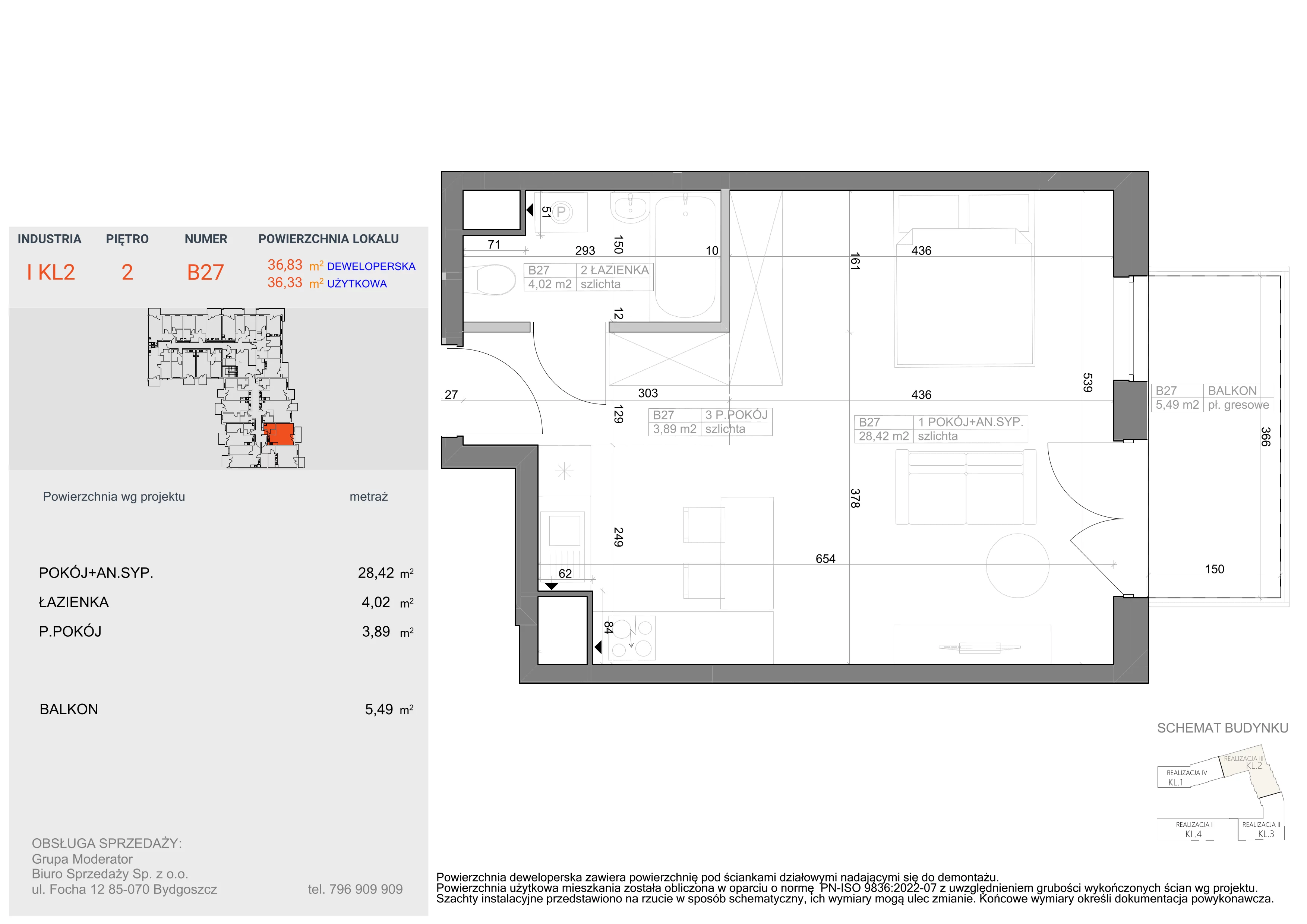 1 pokój, mieszkanie 36,33 m², piętro 2, oferta nr I-B27, Industria II, Bydgoszcz, Bocianowo, ul. Rycerska 22
