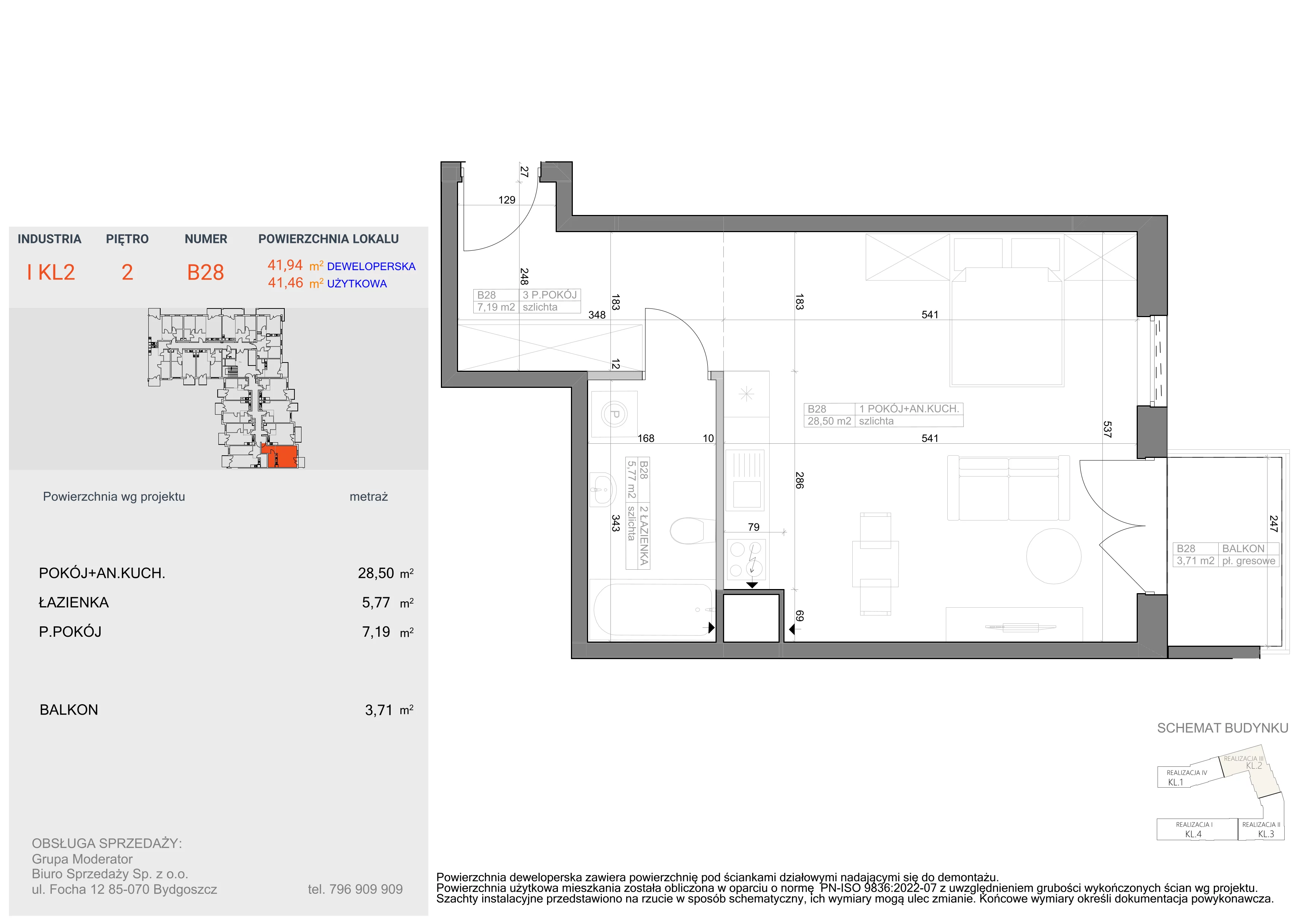 1 pokój, mieszkanie 41,46 m², piętro 2, oferta nr I-B28, Industria II, Bydgoszcz, Bocianowo, ul. Rycerska 22