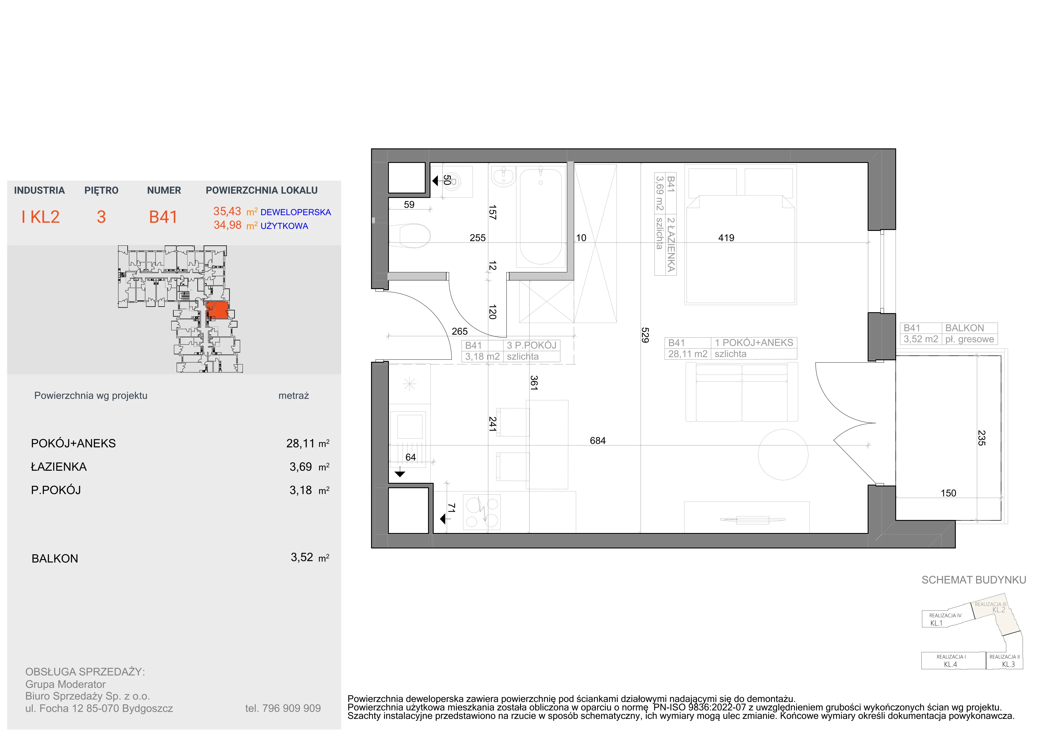 1 pokój, mieszkanie 34,98 m², piętro 3, oferta nr I-B41, Industria II, Bydgoszcz, Bocianowo, ul. Rycerska 22