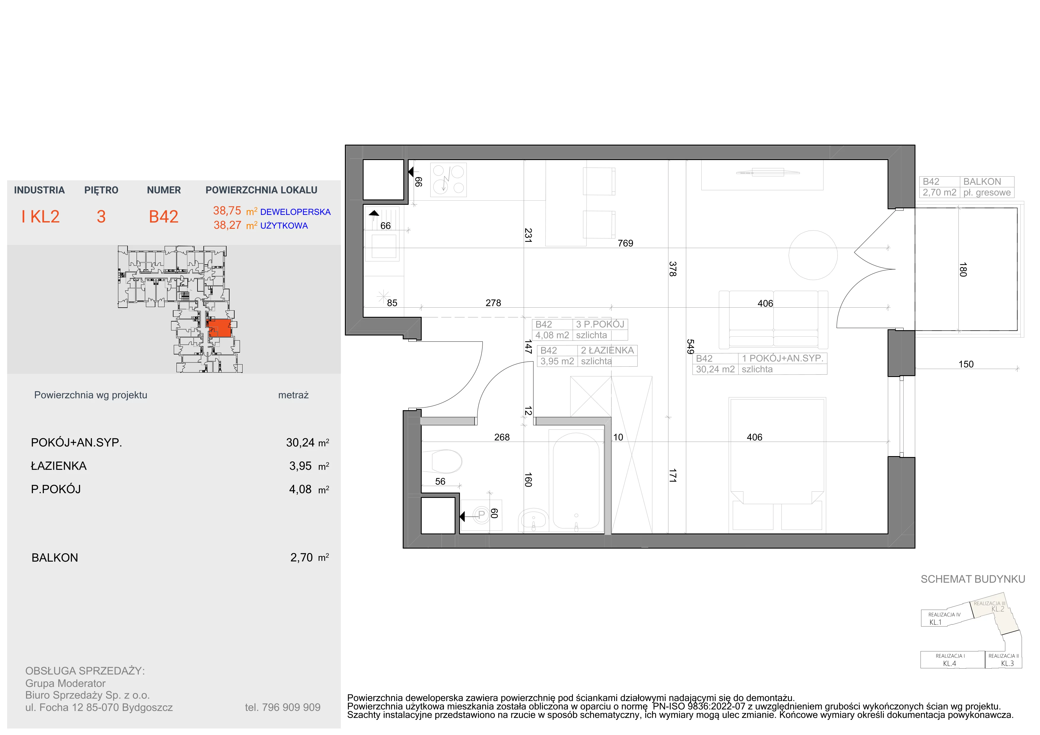 1 pokój, mieszkanie 38,27 m², piętro 3, oferta nr I-B42, Industria II, Bydgoszcz, Bocianowo, ul. Rycerska 22
