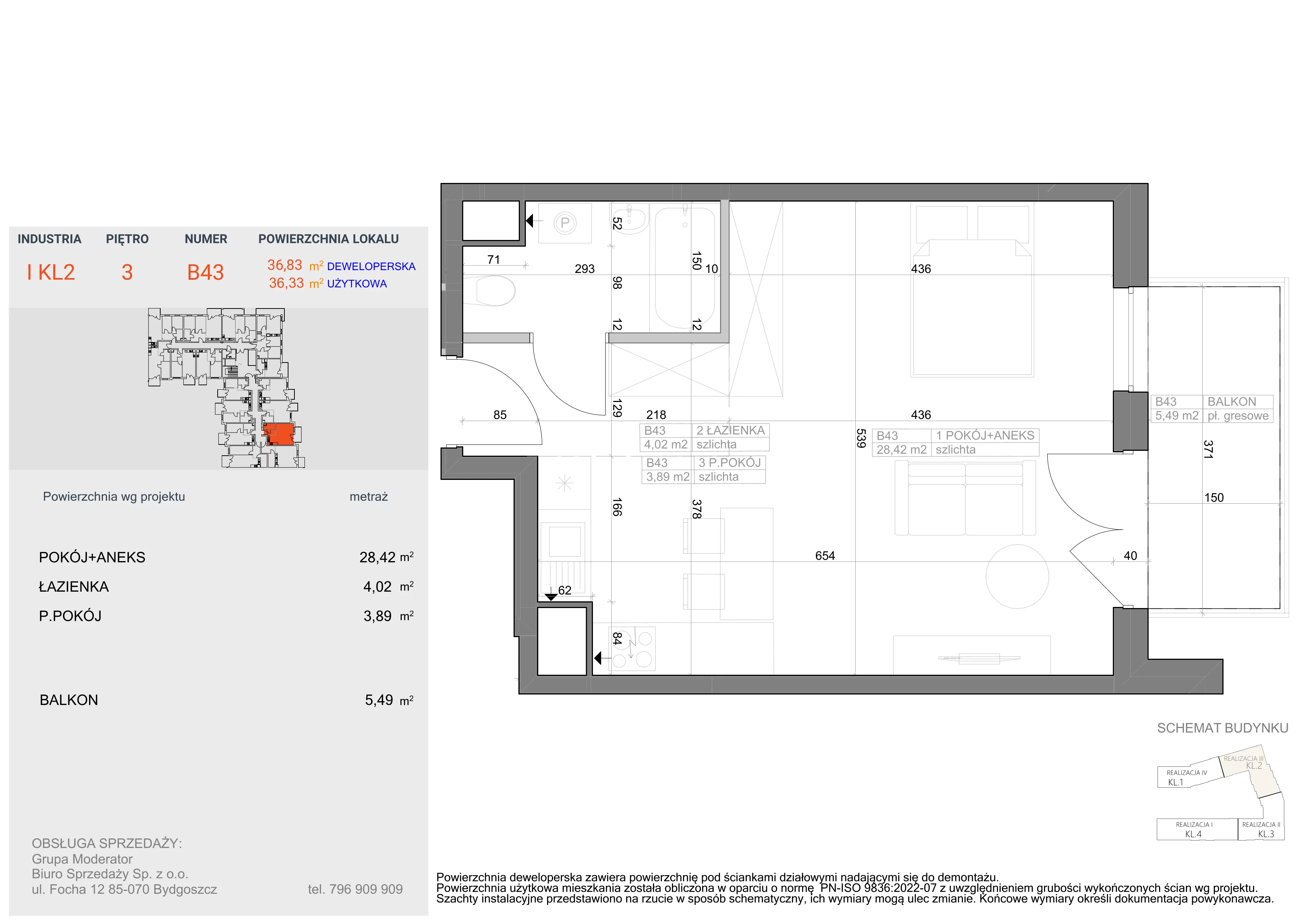 1 pokój, mieszkanie 36,33 m², piętro 3, oferta nr I-B43, Industria II, Bydgoszcz, Bocianowo, ul. Rycerska 22