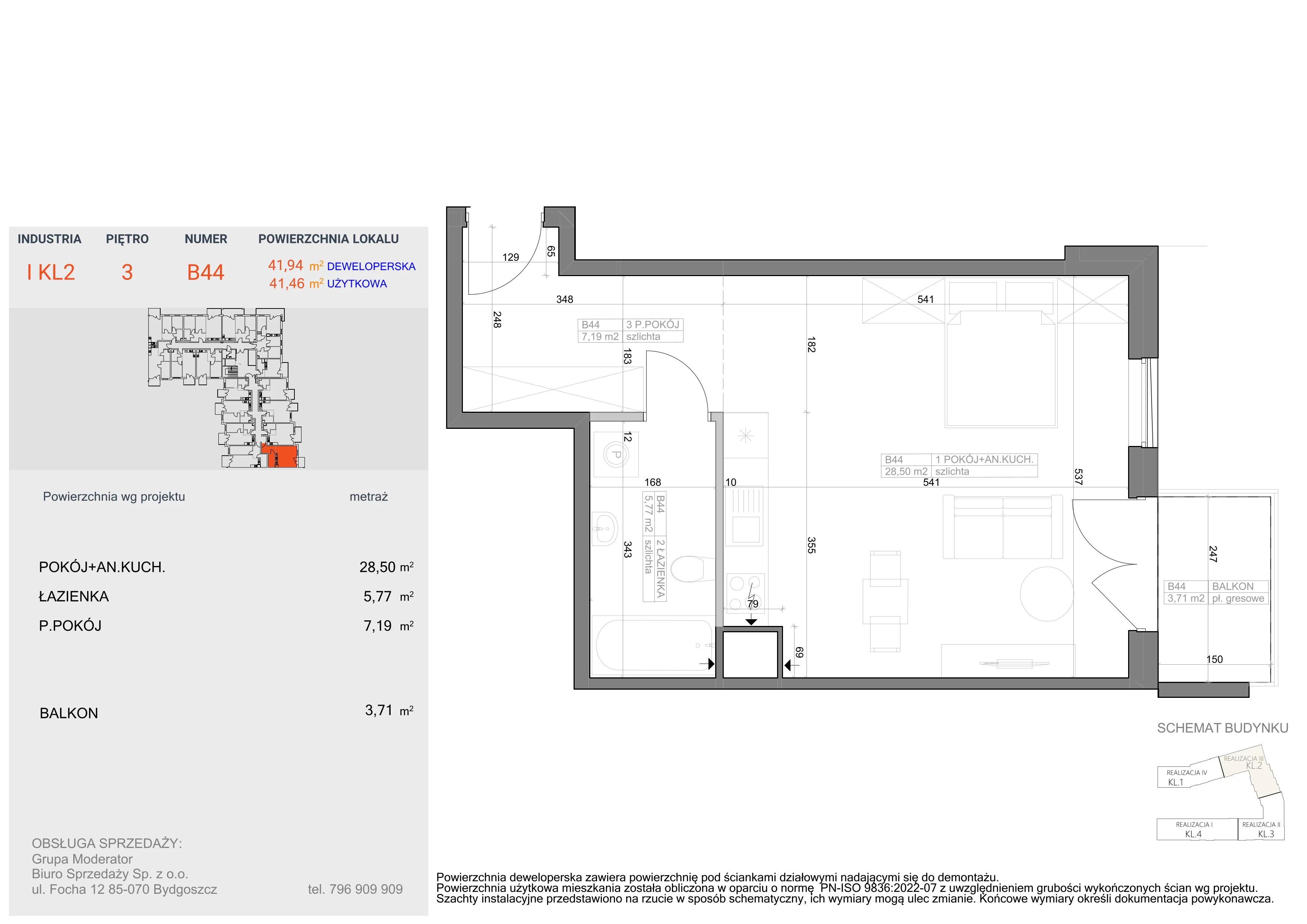 1 pokój, mieszkanie 41,46 m², piętro 3, oferta nr I-B44, Industria II, Bydgoszcz, Bocianowo, ul. Rycerska 22