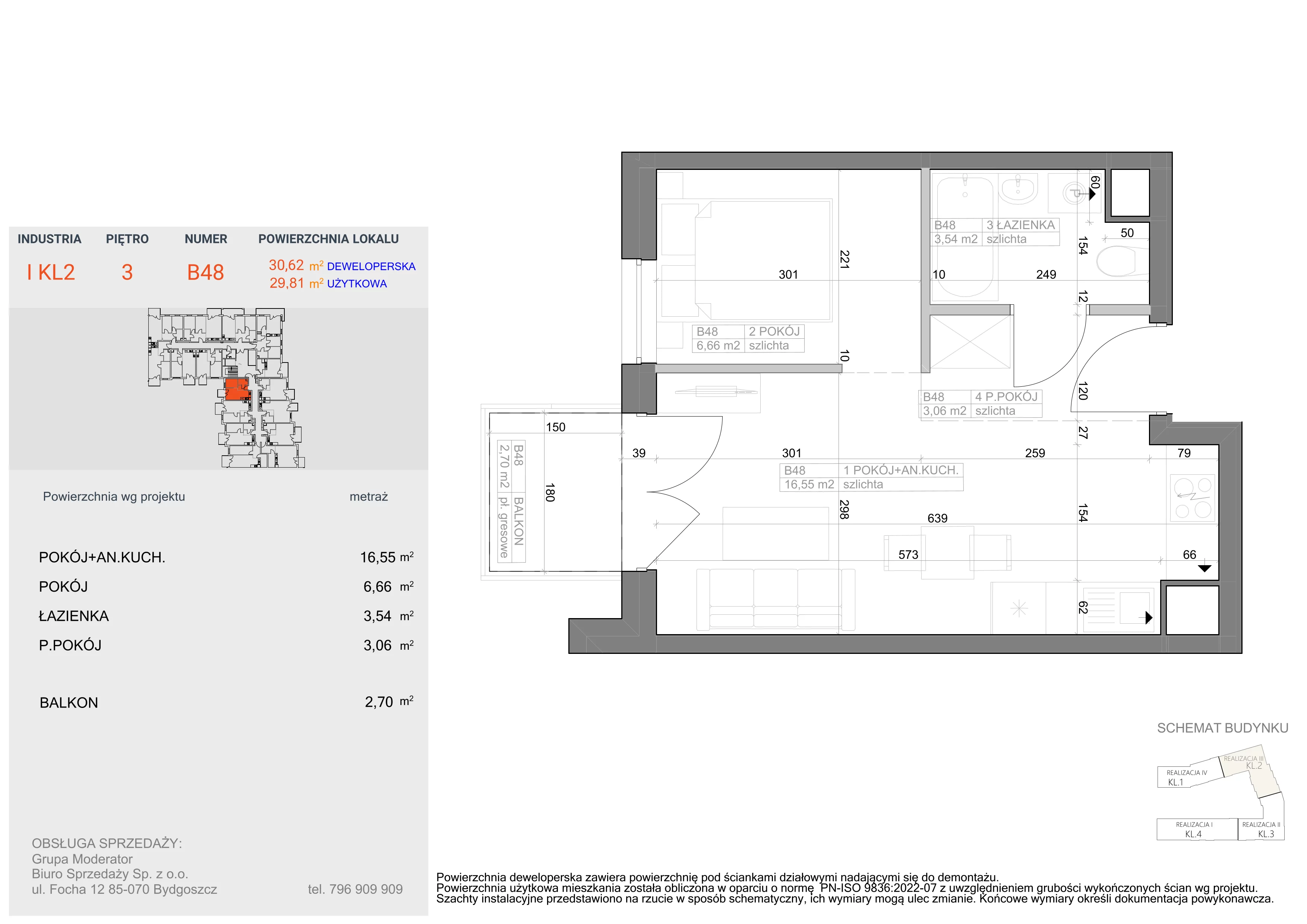 1 pokój, mieszkanie 29,81 m², piętro 3, oferta nr I-B48, Industria II, Bydgoszcz, Bocianowo, ul. Rycerska 22