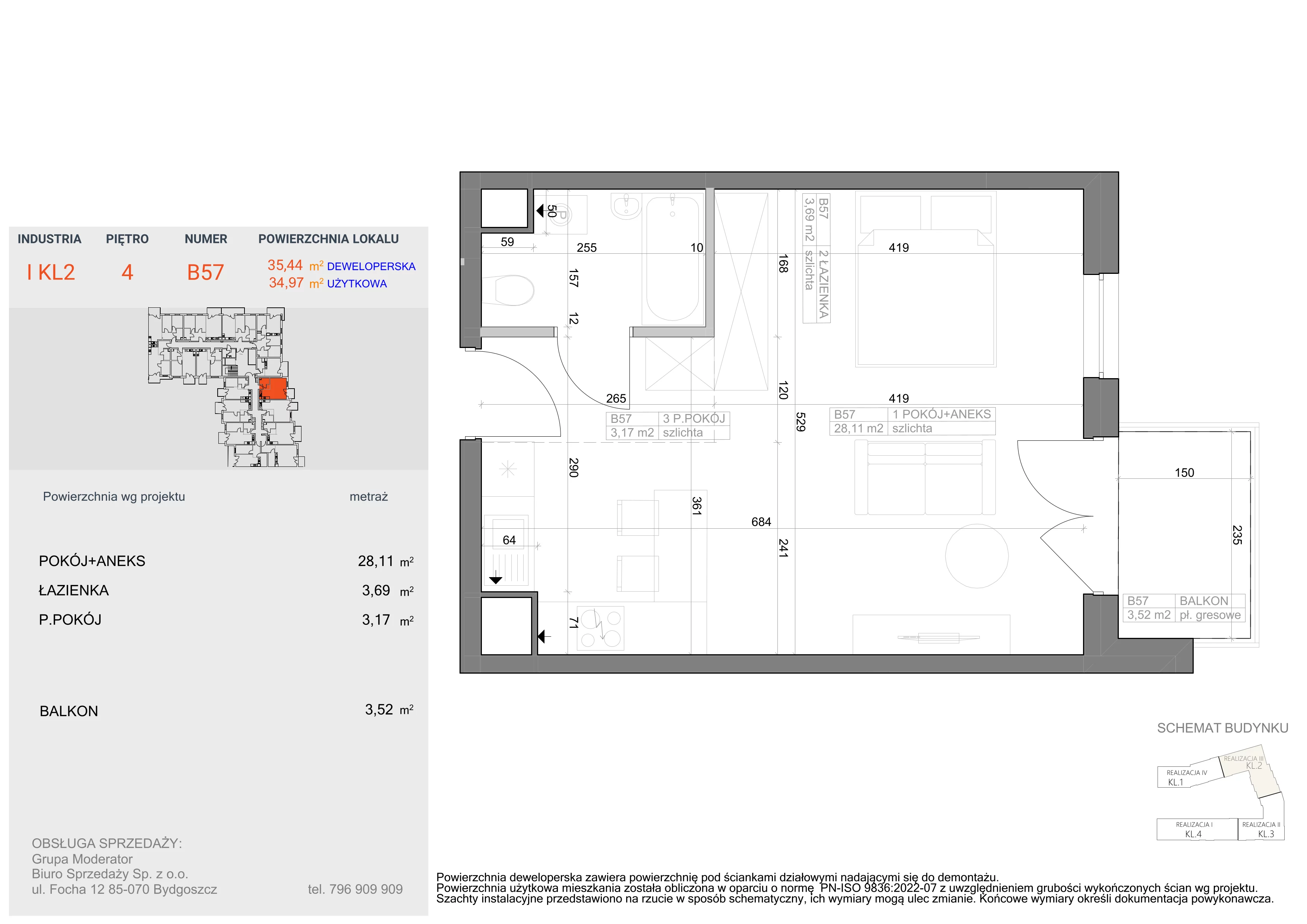 1 pokój, mieszkanie 34,97 m², piętro 4, oferta nr I-B57, Industria II, Bydgoszcz, Bocianowo, ul. Rycerska 22