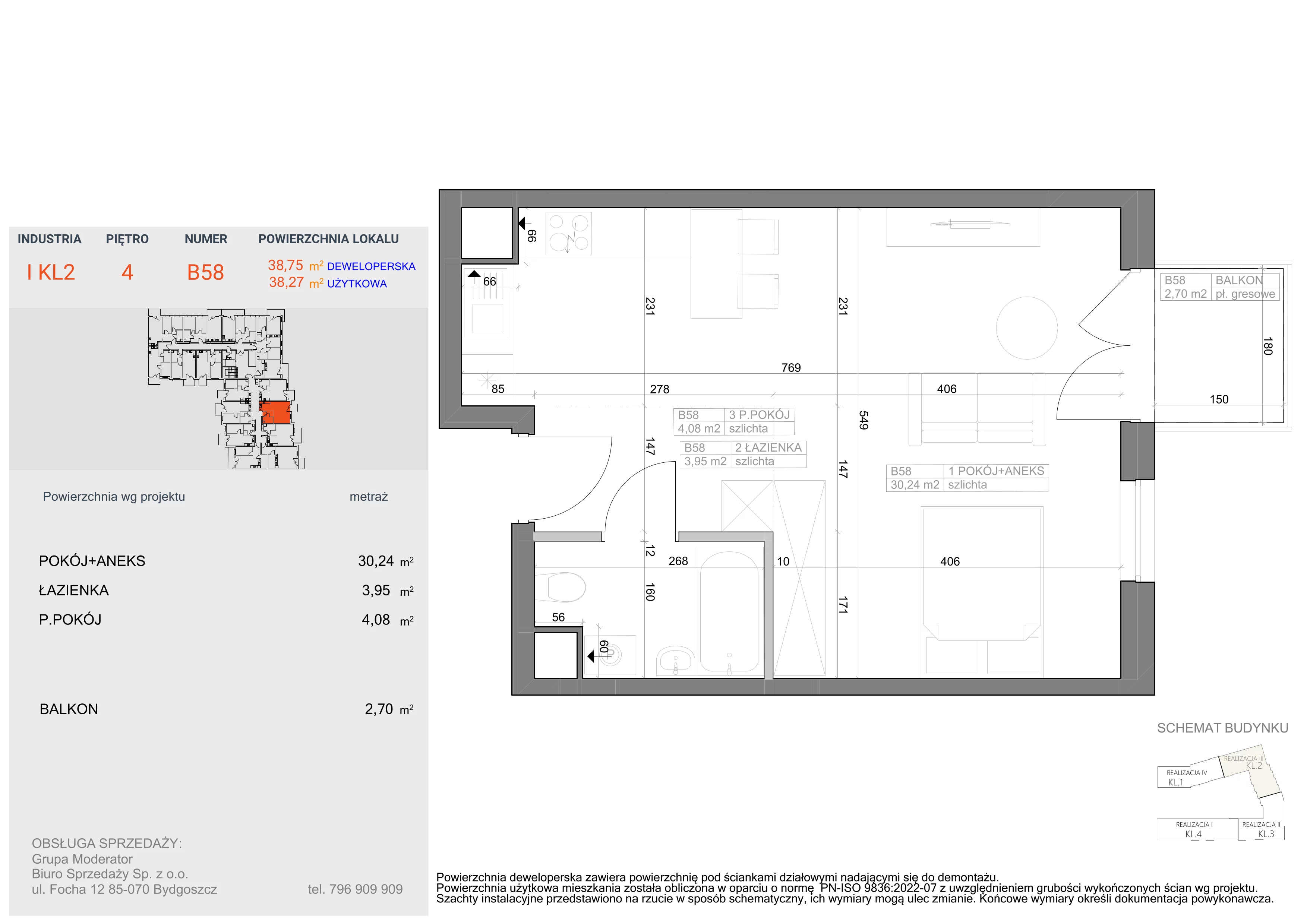 1 pokój, mieszkanie 38,27 m², piętro 4, oferta nr I-B58, Industria II, Bydgoszcz, Bocianowo, ul. Rycerska 22