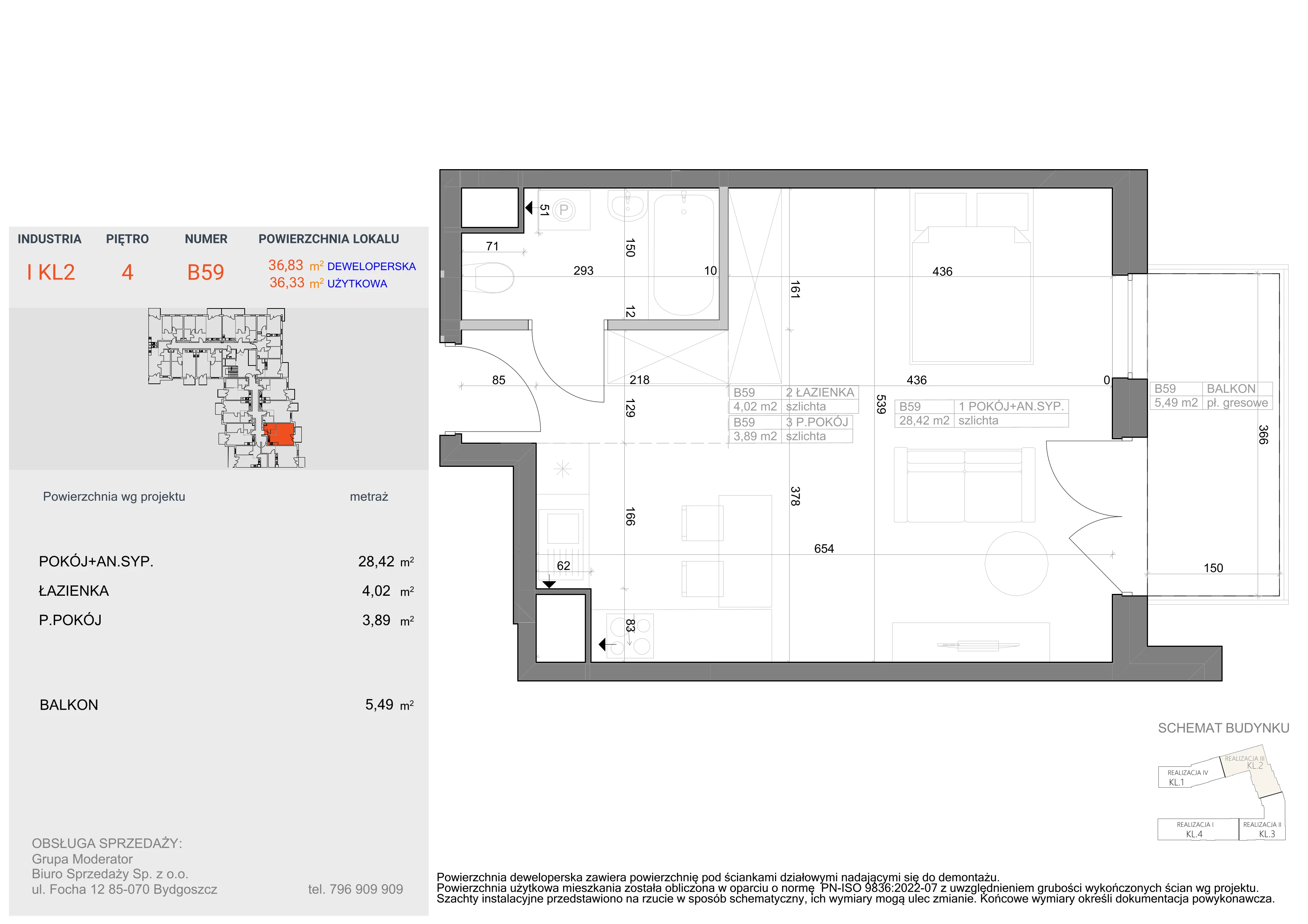 1 pokój, mieszkanie 36,33 m², piętro 4, oferta nr I-B59, Industria II, Bydgoszcz, Bocianowo, ul. Rycerska 22