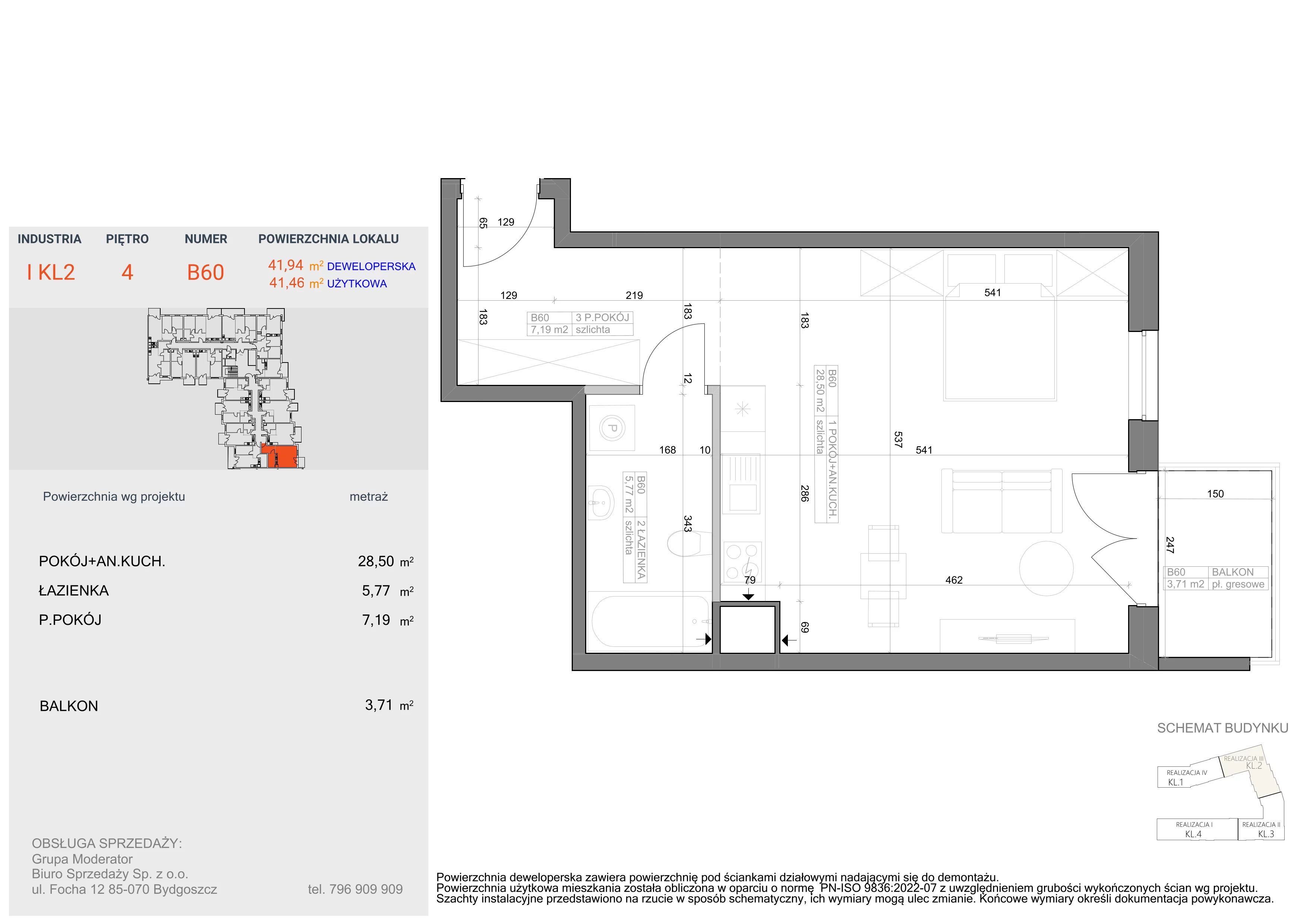 1 pokój, mieszkanie 41,46 m², piętro 4, oferta nr I-B60, Industria II, Bydgoszcz, Bocianowo, ul. Rycerska 22