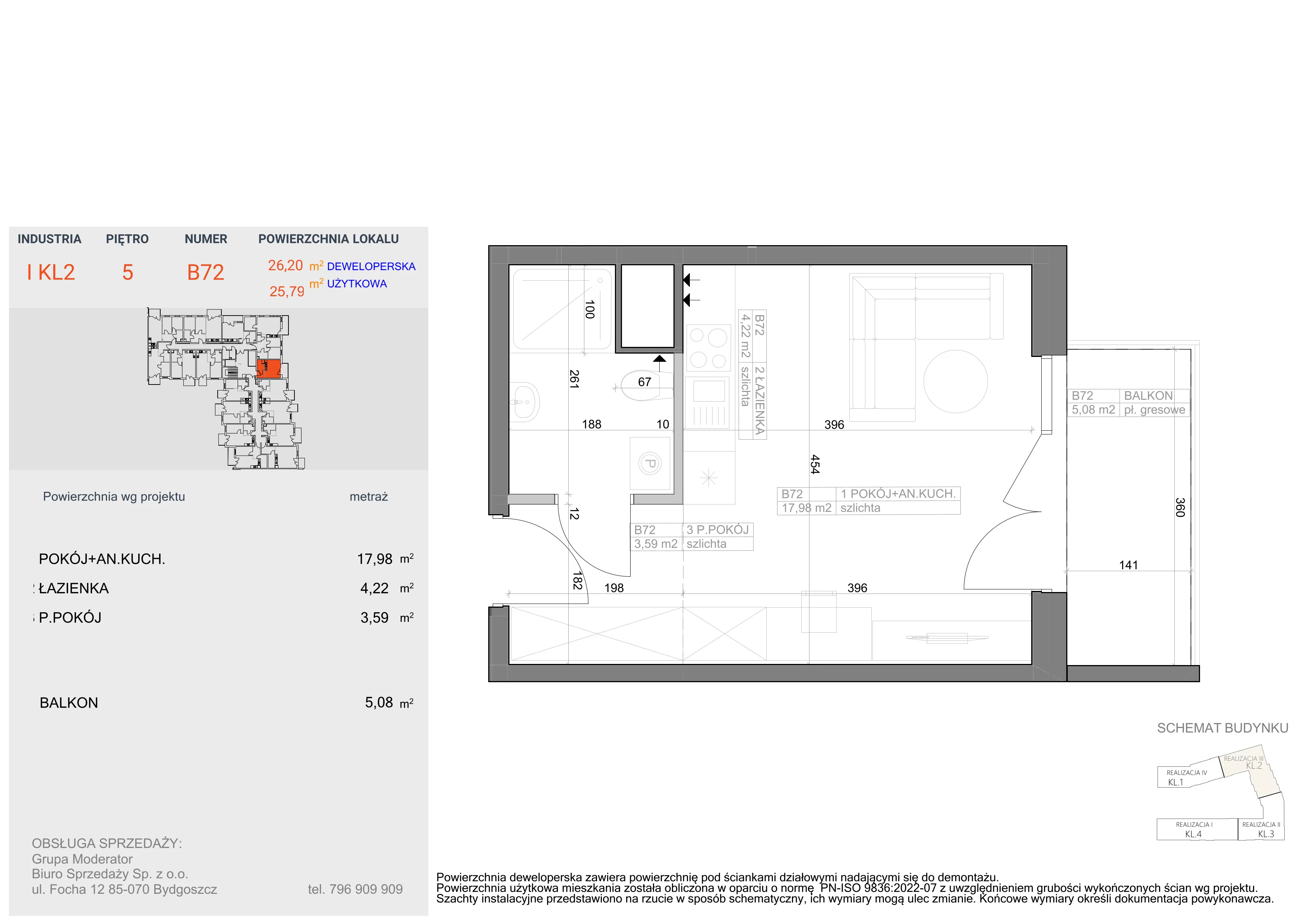 1 pokój, mieszkanie 25,79 m², piętro 5, oferta nr I-B72, Industria II, Bydgoszcz, Bocianowo, ul. Rycerska 22