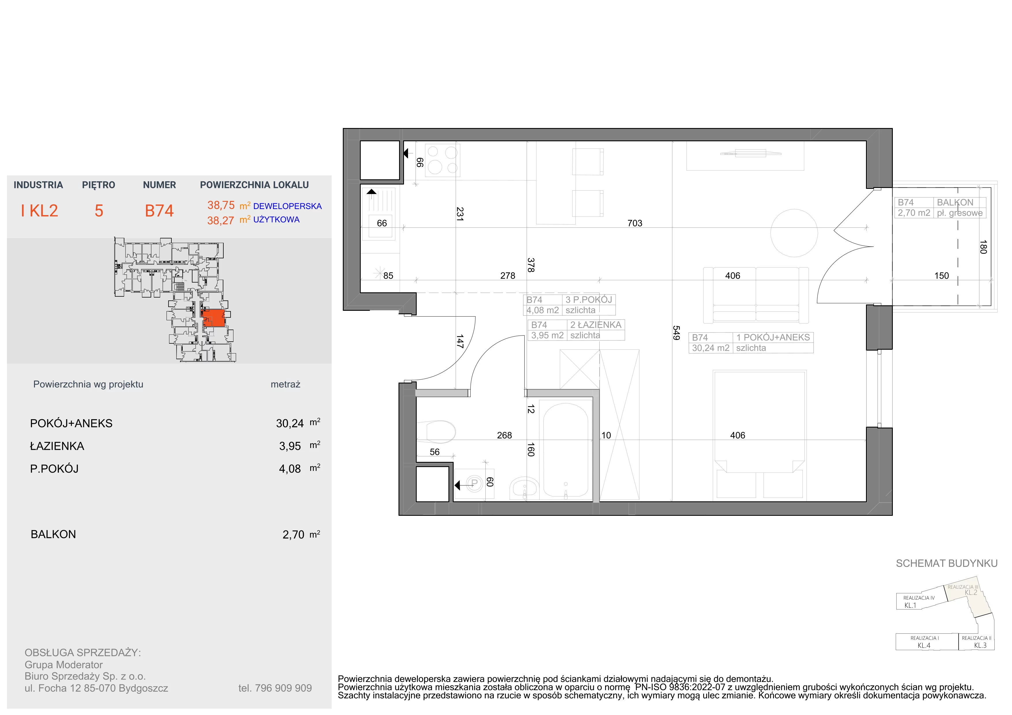 1 pokój, mieszkanie 38,27 m², piętro 5, oferta nr I-B74, Industria II, Bydgoszcz, Bocianowo, ul. Rycerska 22