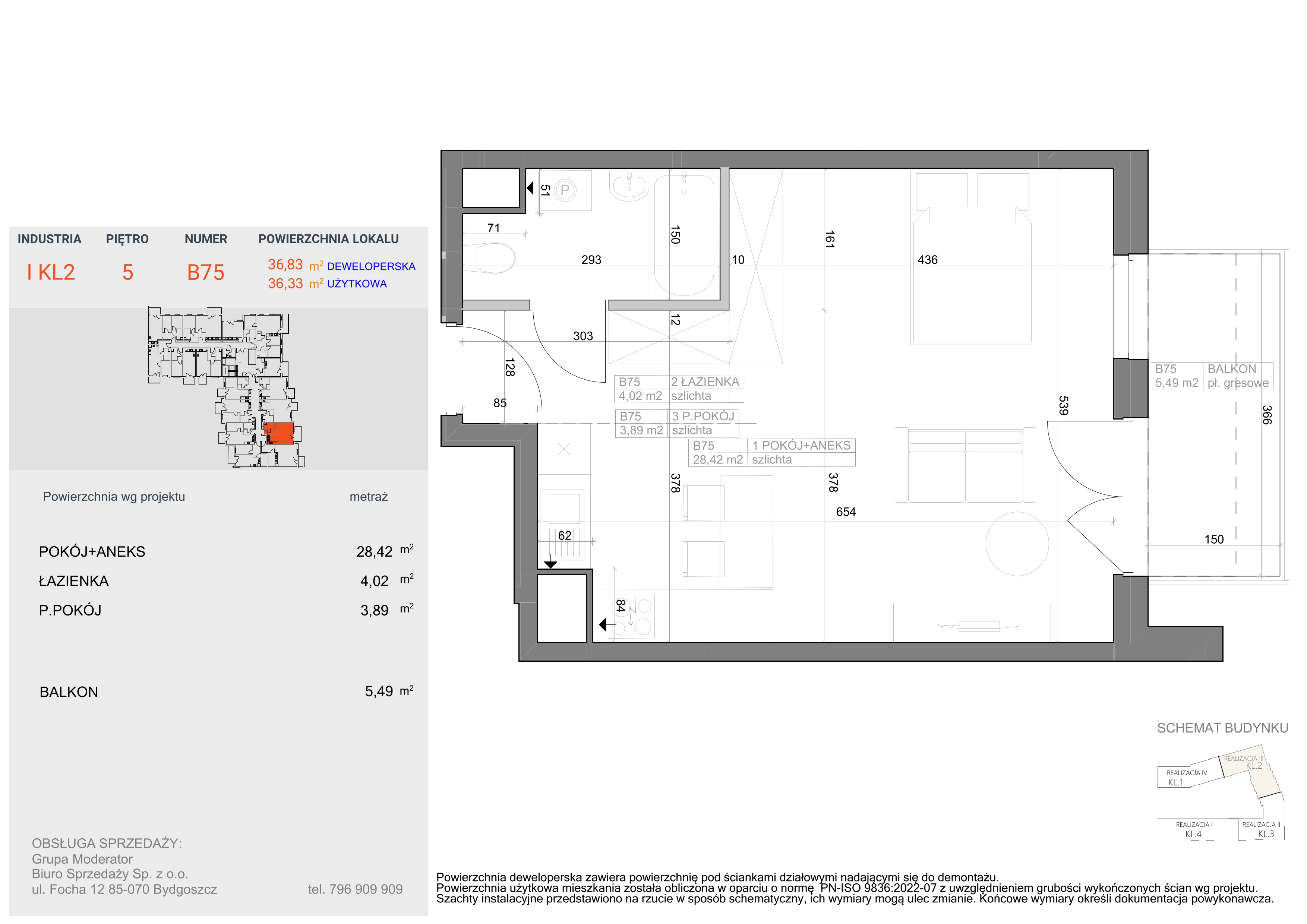 1 pokój, mieszkanie 36,33 m², piętro 5, oferta nr I-B75, Industria II, Bydgoszcz, Bocianowo, ul. Rycerska 22