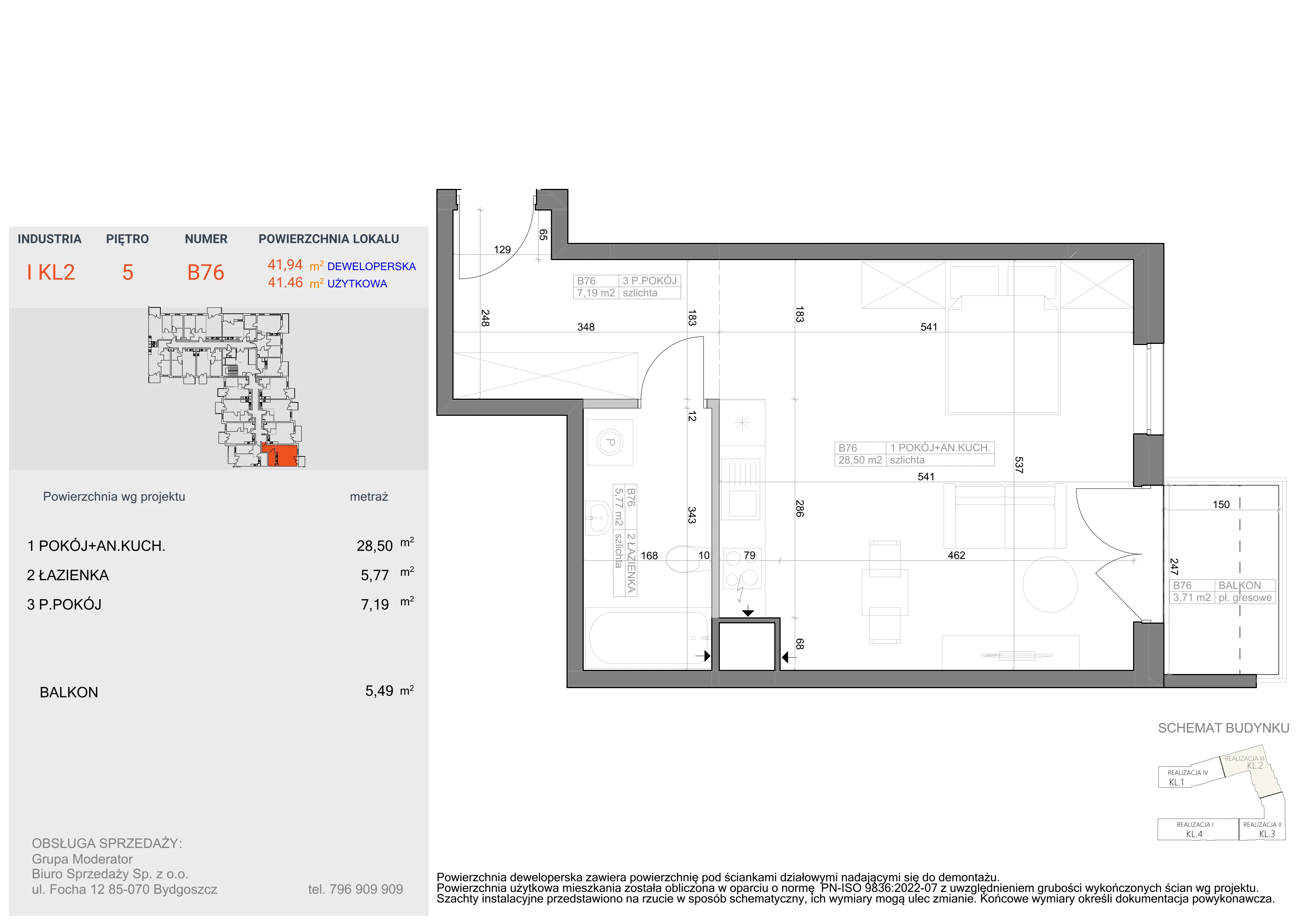1 pokój, mieszkanie 41,46 m², piętro 5, oferta nr I-B76, Industria II, Bydgoszcz, Bocianowo, ul. Rycerska 22